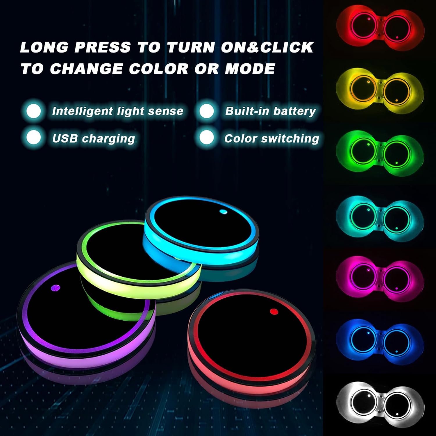 4pcs LED Car Cup Holders, Waterproof Cup Holder with 7 Colors Changing USB Charging Mat, LED Interior Atmosphere Lamp Decorations with 2pcs USB Cables for Car Truck Vehicle Accessories