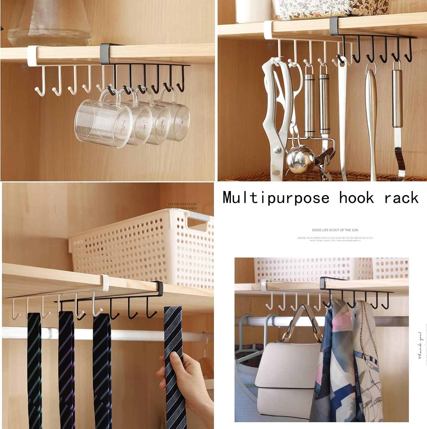 Kitchen Hook Holder Under Cupboard, Under Cabinet Utensils Hanging Hooks Rack, Drilling Free Cabinet Door Hanging Hook Rack,6 Hooks Kitchen Storage Utensil Organizer Hook Rack,2 Pack (White)