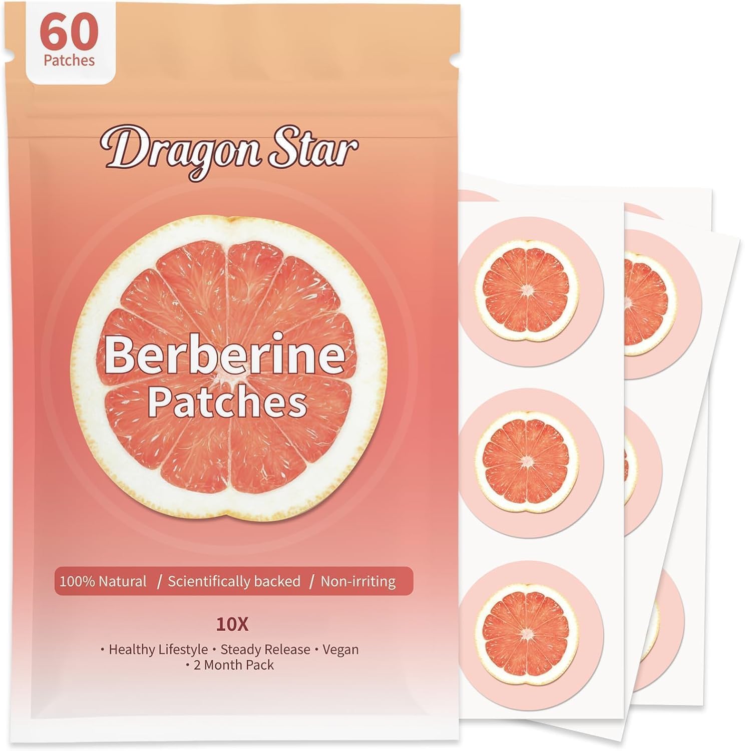 Dragon Star GLPLUS-1 Patches, Berberine Patches, 10X Stronger with L-Glutamine, Chromium, Pomegranate & Cinnamon, Multi-Part Body Application, Natural-60 Days Supply Orange