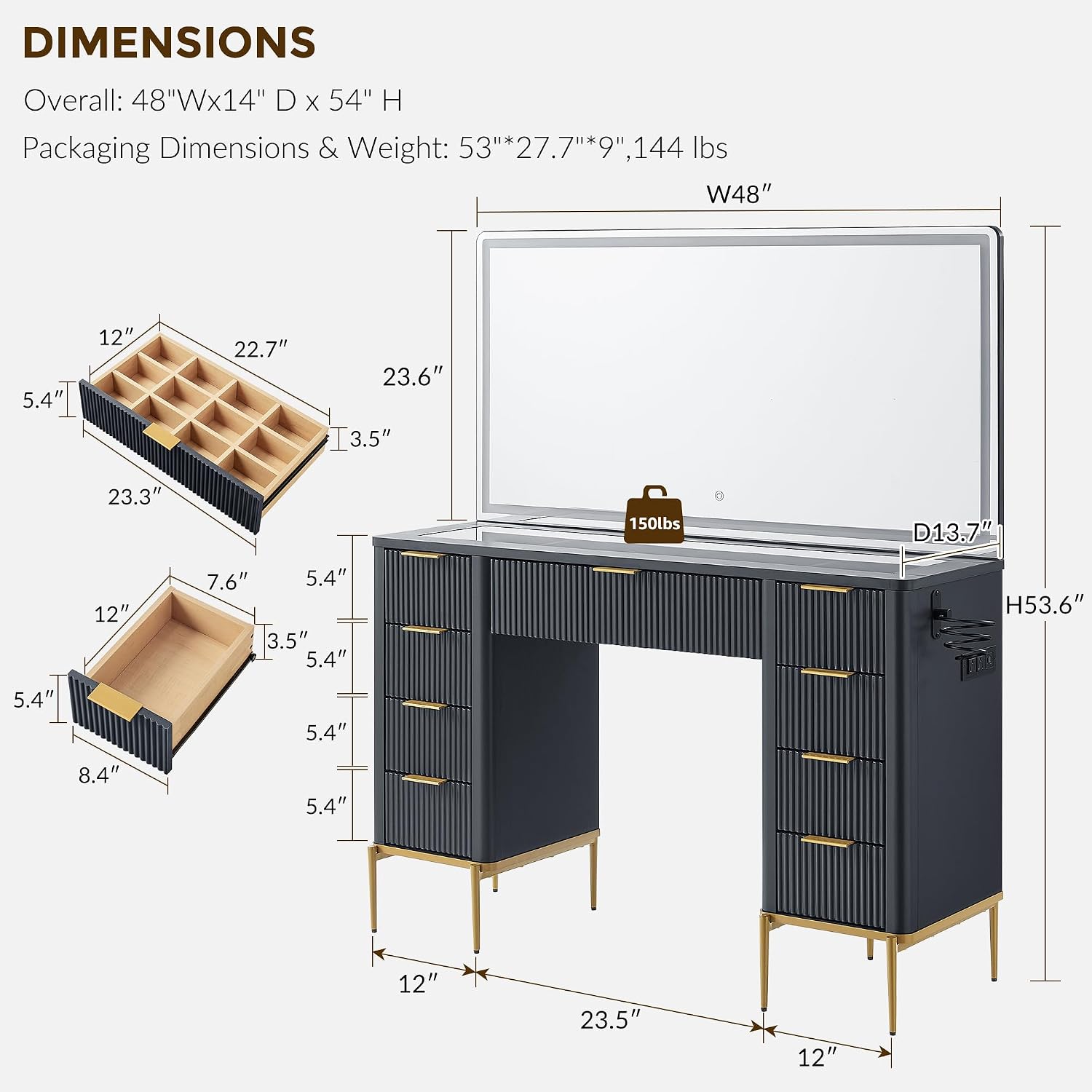 Diagram showing the dimensions of the T4TREAM vanity desk and its components
