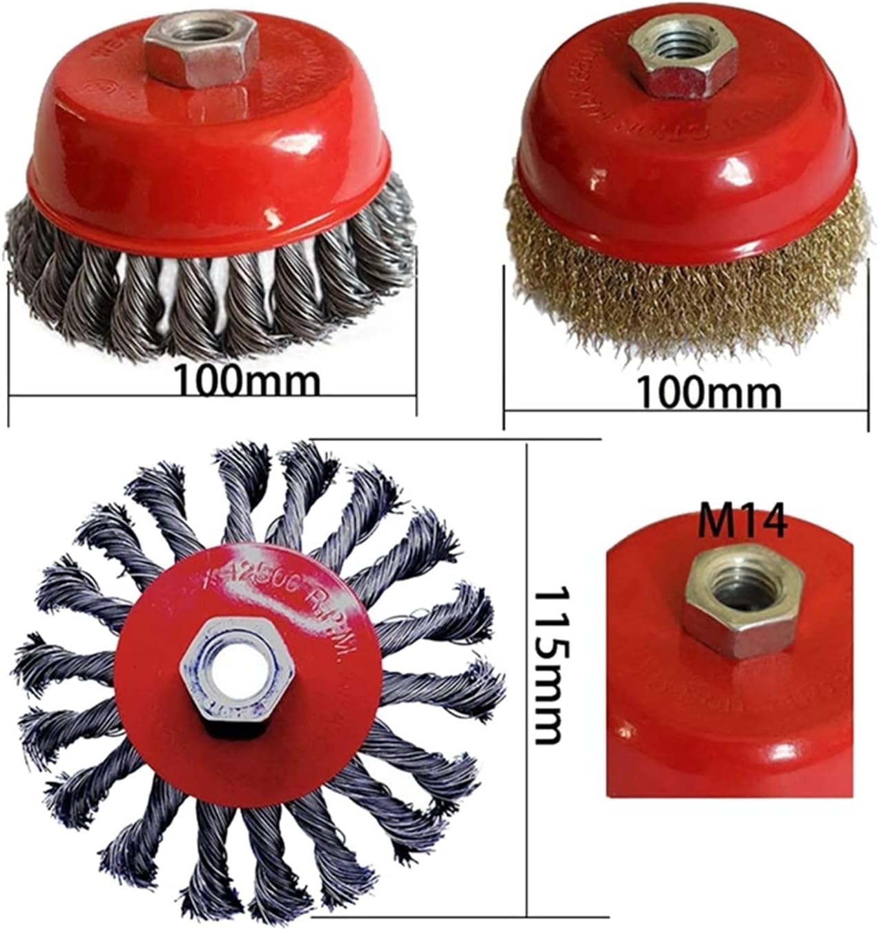 Fit for 3Pcs Wire Brush for Angle Grinder,100mm Twist Knot Wire Brush+100mm Brassed Crimp Cup+115mm Crimp Bevel Brush,M14 Thread