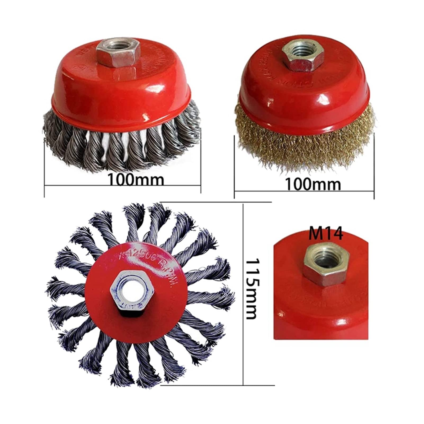 Szczotka kuchenna. Dopasuj do 3 SZTUK Szczotki do szlifierki kątowej, 100mm Twist Knot Szczotka druciana + 100 mm Puchar Ciążowy + 115mm Crimp Shevel Pędzel, Nici M14 (Color : Red)
