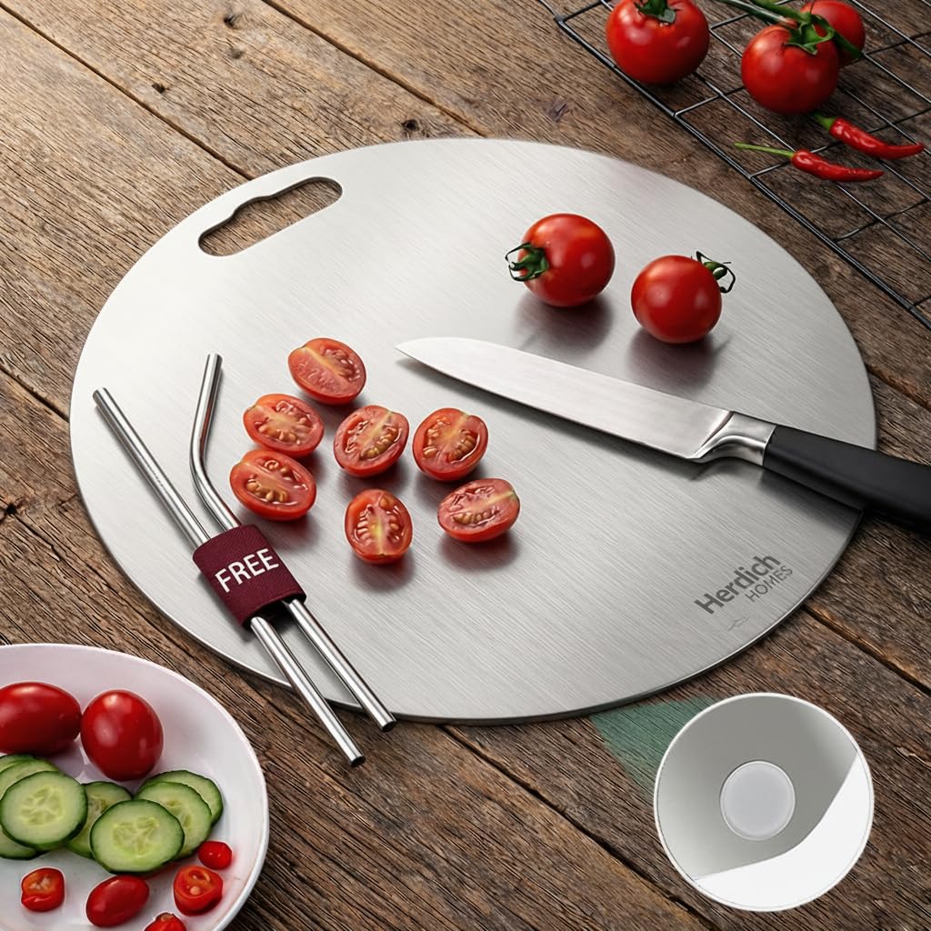Herrlich Homes 304 Stainless Steel Round Chopping Board for Kitchen | 30.5 cm | with 2 Steel Straw & Anti-Skid Silicon Pad | for Cutting Vegetables, Fruits, Meat | Medium