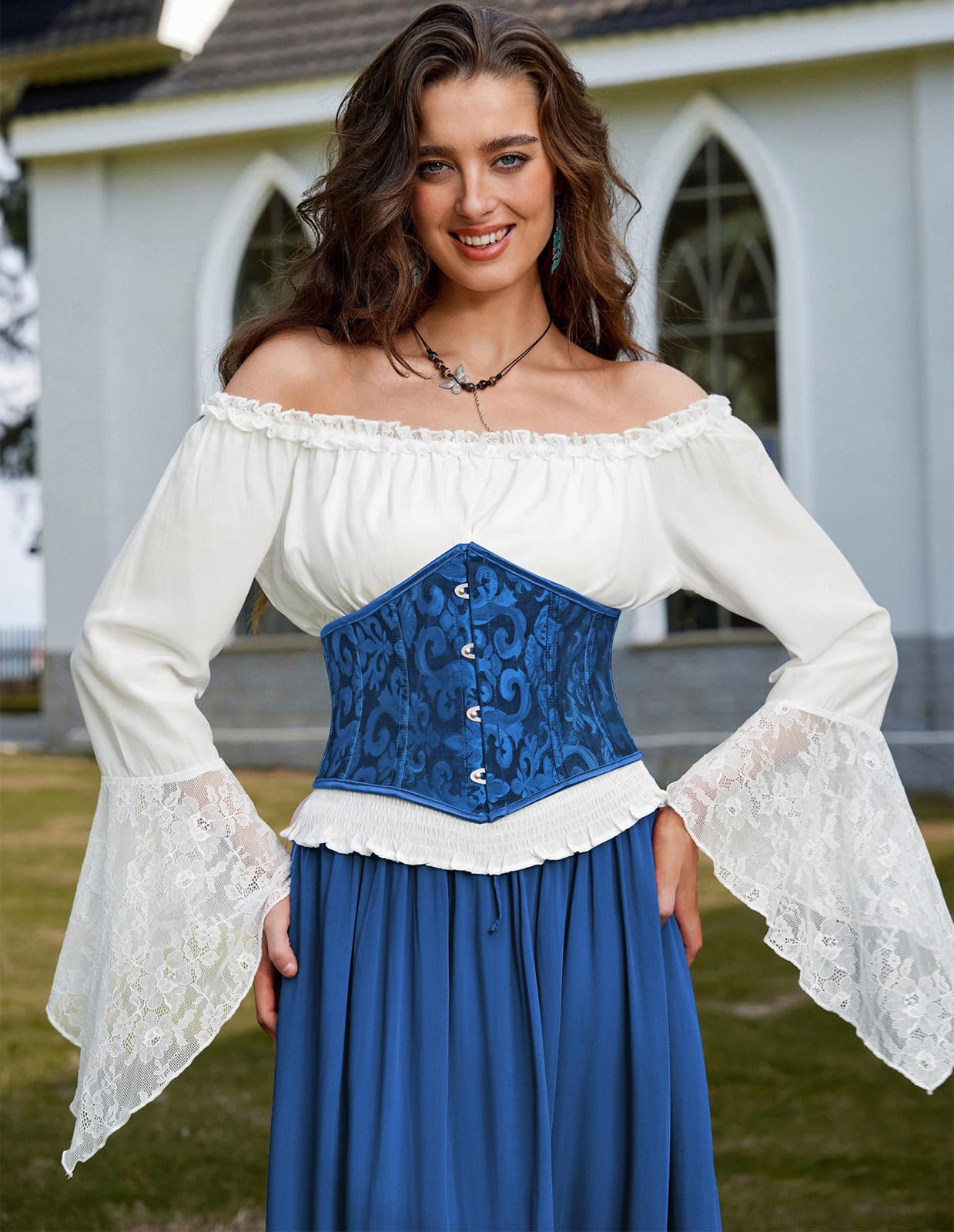 Scarlet Darkness Corset Belt for Women Fishbone Wide Waist Corset Pirate Belt: Blue Jacquard 6