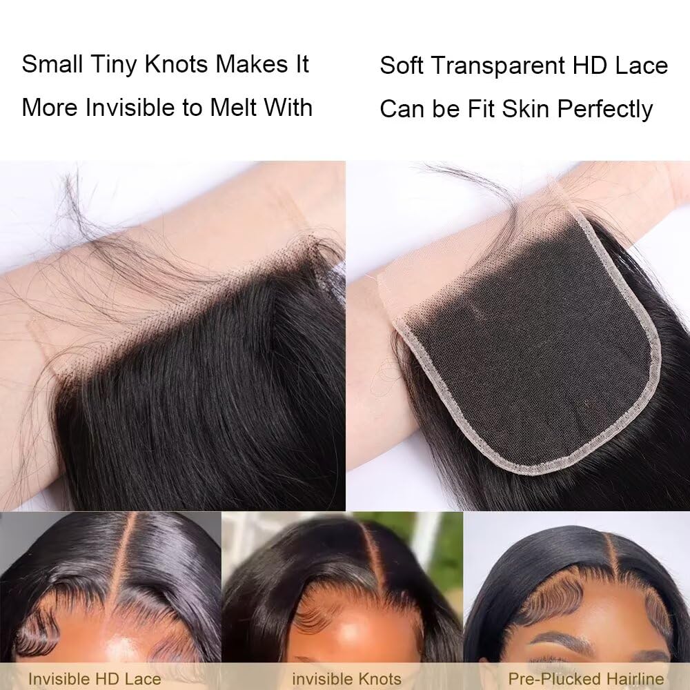 PERISMODA 5x5 Transparent HD Lace Closure Human Hair Straight Wave Virgin Human Hair Closure Invisible HD Lace Closure Pre-Plucked Natural Black with Baby Hair 20Inch - Image 4