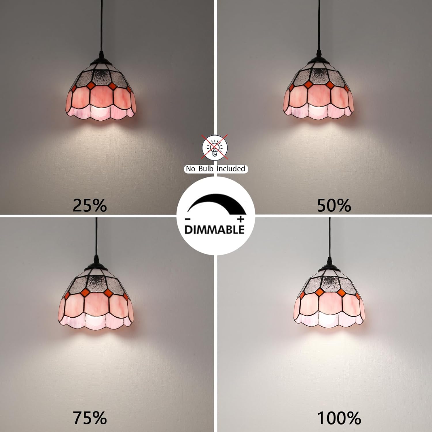 HuisMier Tiffany Hanging Pendant Light, Dimmable Pink Mini Plug in Light Fixture with 15 Ft Hanging Cord, Stained Glass Hanging Lamp for Bedroom Kitchen Dining Room Office, 7.9" Width