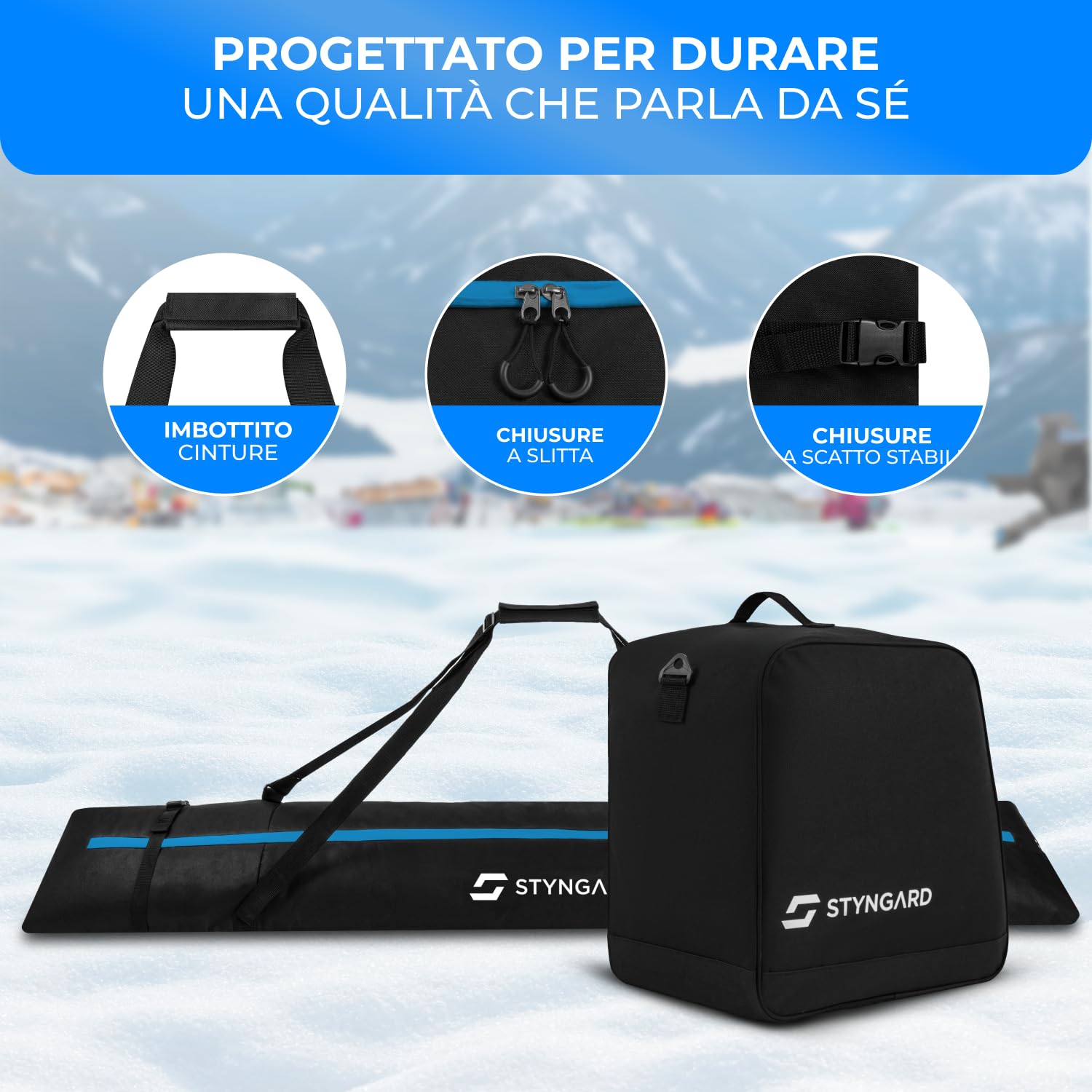 STYNGARD Set sacca sci e scarponi [a 180 cm] borsa porta sci e borsa porta scarponi [38 L] Modello Courchevel