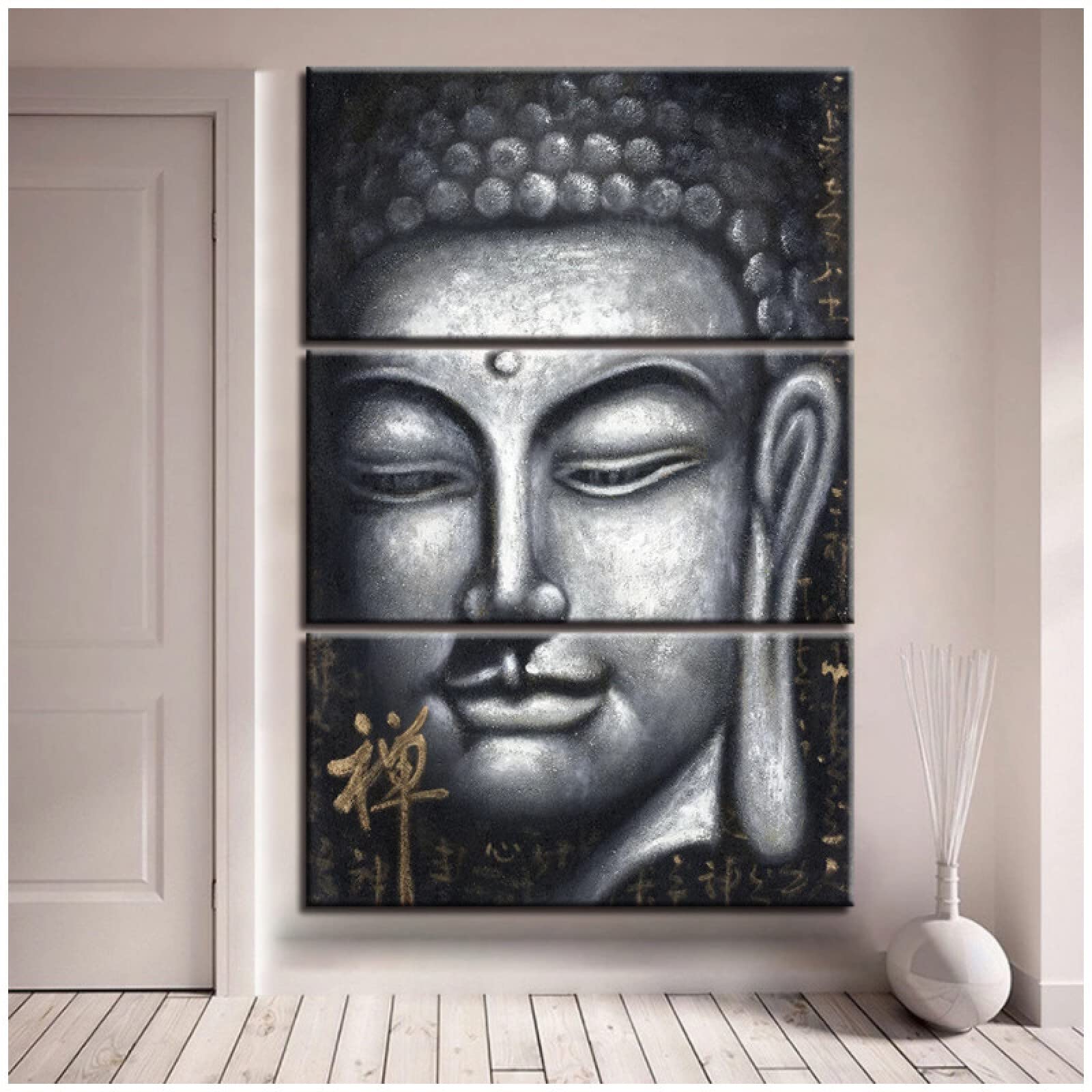 Plamc Modern Canvas Paintings For Living Room Wall Art Hd Prints 3 Pieces Gray Zen Buddha Posters Buddhist Abstract Pictures Home Decoration,No Frame,30X60Cm/3Pcs