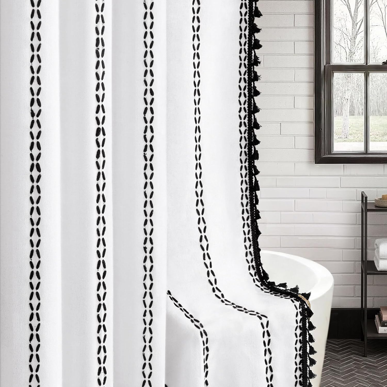 Black and White Boho Shower Curtain for Bathroom, Linen Fabric with Embroidered Woven Details and Tassels, 72" x 72"
