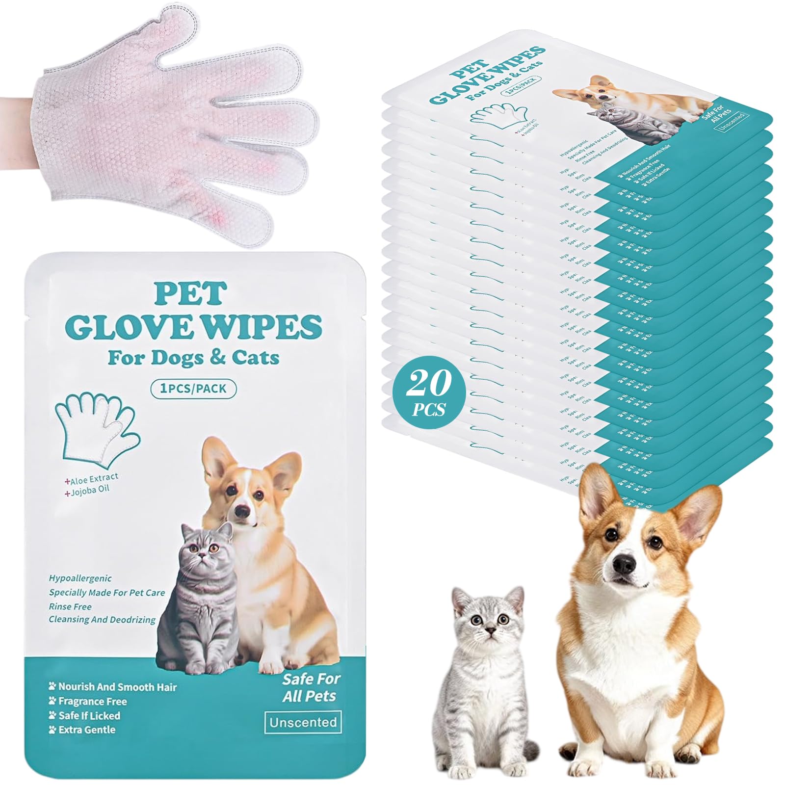 20 Pieces Dog Washing Gloves Hypo-Allergenic Pet Wipes Care for Dogs and Cats