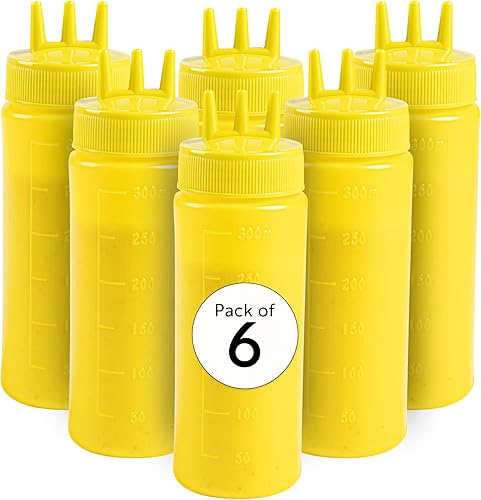 Botellas exprimibles de condimentos de 24 onzas, 6 botellas con triple punta de dispersión  Botellas grandes y flexibles de plástico amarillo