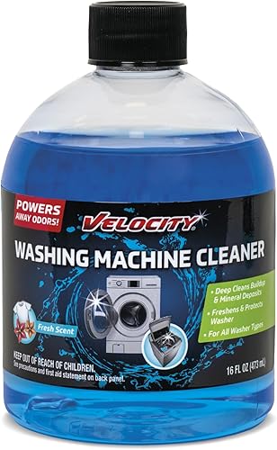 Velocity Limpiador de lavadoras 4 usos por botella. Elimina las manchas de agua dura y la acumulación que causa olor en el interior del tambor,