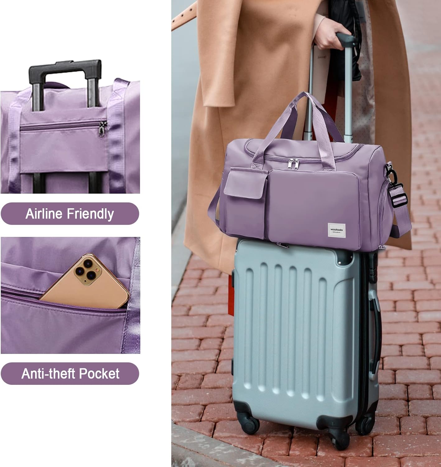 WOOMADA Foldable Travel Duffel Bag with Shoes Compartment, Overnight Bag with Wet Pocket & Trolley Sleeve, Weekender Bags for Women(A-grayish purple) - Image 6