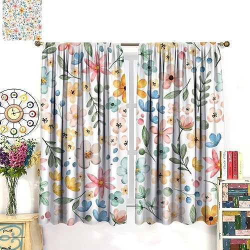 Miniatura 265 de Retro 70s Floral Blackout Window Curtains, Watercolor Flower Plant Rustic Modern Style Pattern Window Drapes, for Bedroom Living Room 42x45in 2