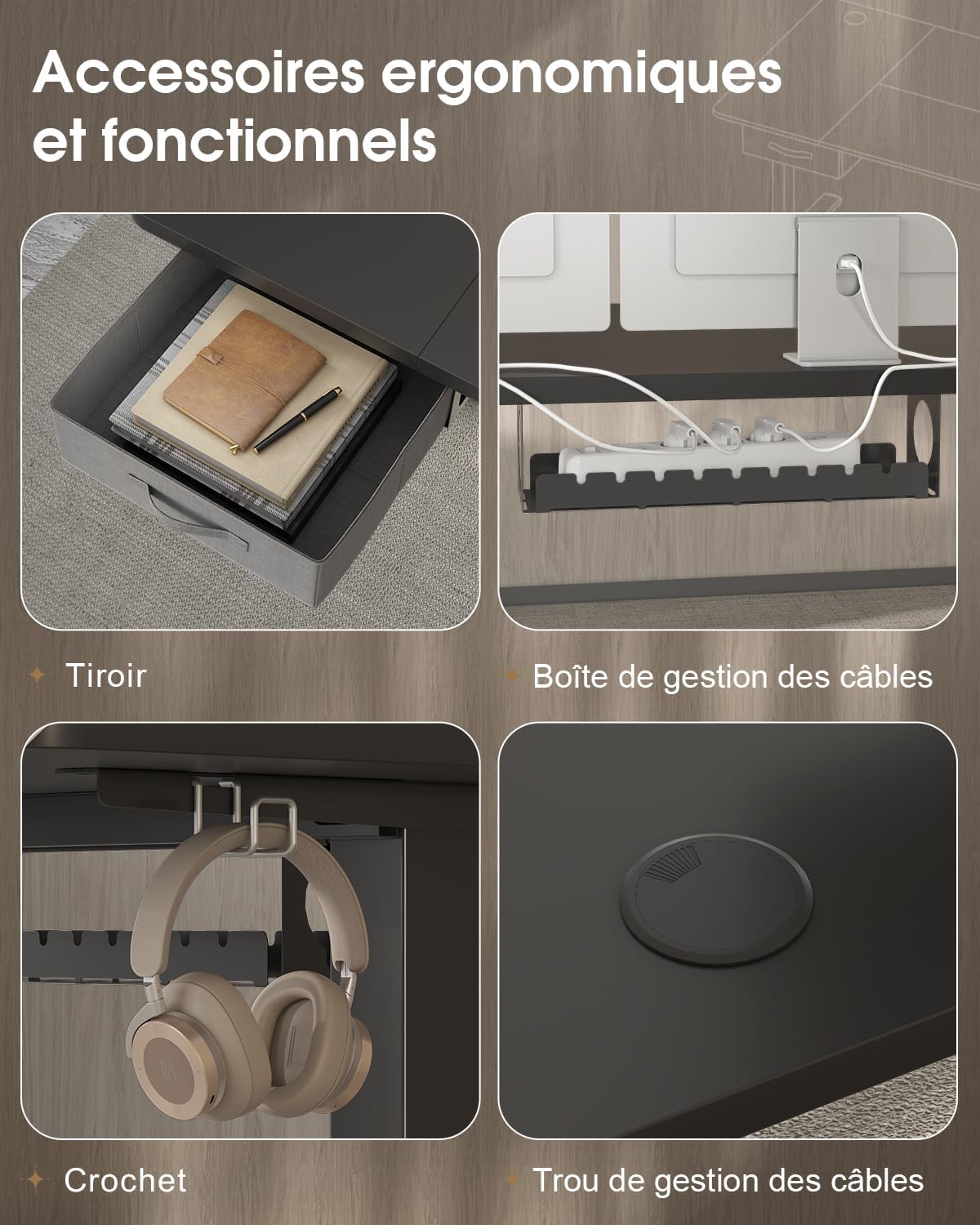 Close-up images of the desk's accessories: fabric drawer, cable management box, headphone hook, and cable management hole.