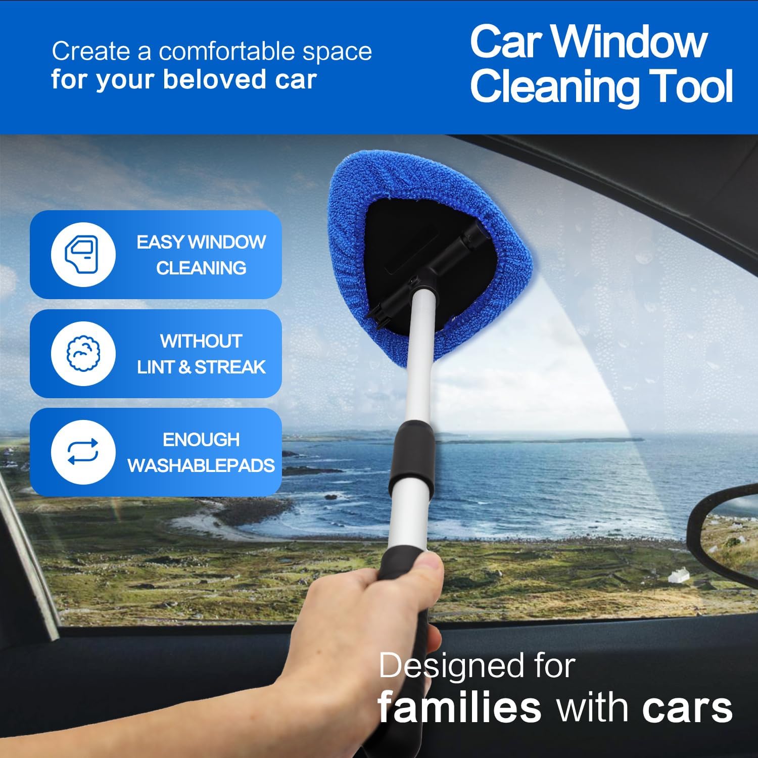 7 Pcs Windshield Cleaner Tool Set + 3 Pack Large Extra Thick Heavy Duty Sponge, Blue