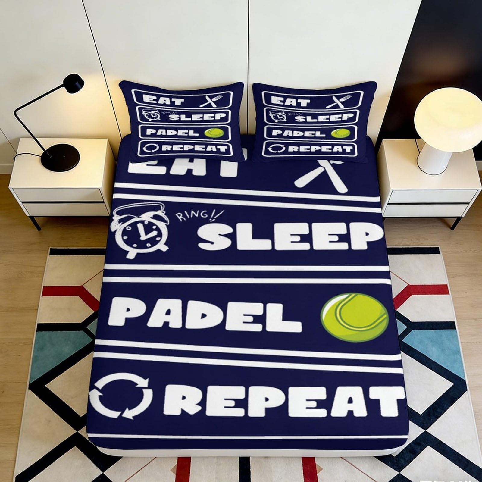 3D Printed Eat Sleep Padel Repeat Fitted Sheet Microfiber Soft Navy Blue Bed Cover for Bedroom Guest Room Decor 120x200x25cm