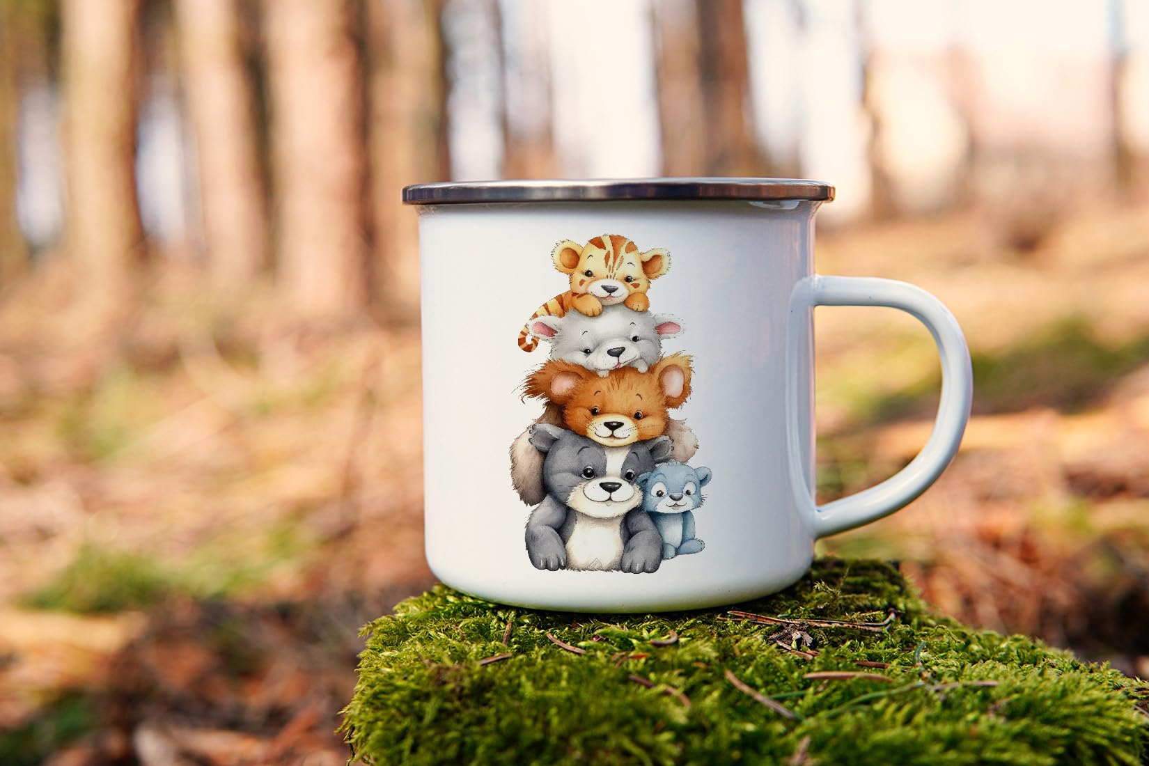 MAXIKIWI - Tazza da campeggio smaltata resistente per caffè o tè per uso interno ed esterno - Acquerello orso pesca - 350 ml