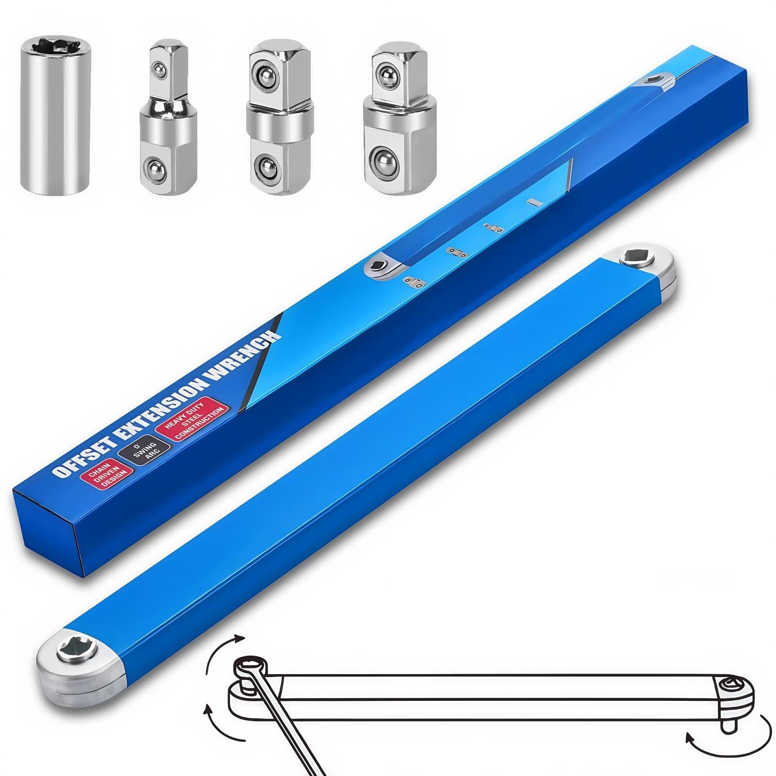 Juego Llave de Impacto Carraca, Barra de Extensión de Trinquete, con Adaptadores Cuadrados de 1/2", 1/4" y 3/8", Llave de Trinquete de Extensión para Espacios Pequeños