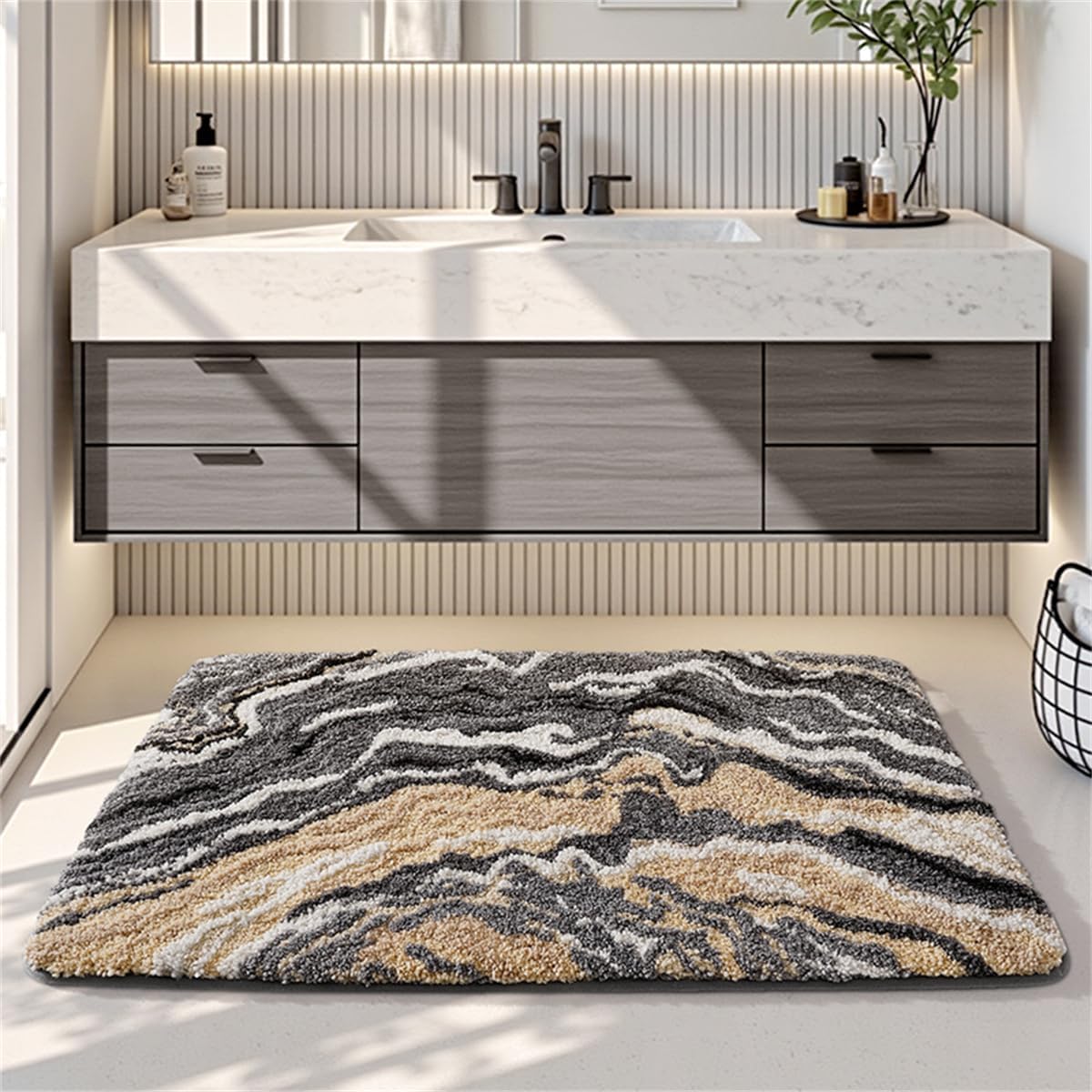 Ankah Luxurious Nordic Bathroom Rug, Extra Soft Fluffy Bath Mat, Absorbent, Non-Slip, Easy to Care and Fast Drying, Modern Style Marble Pattern Shower Rug, Home Decor Accessories, 17.3"x29.9", Brown