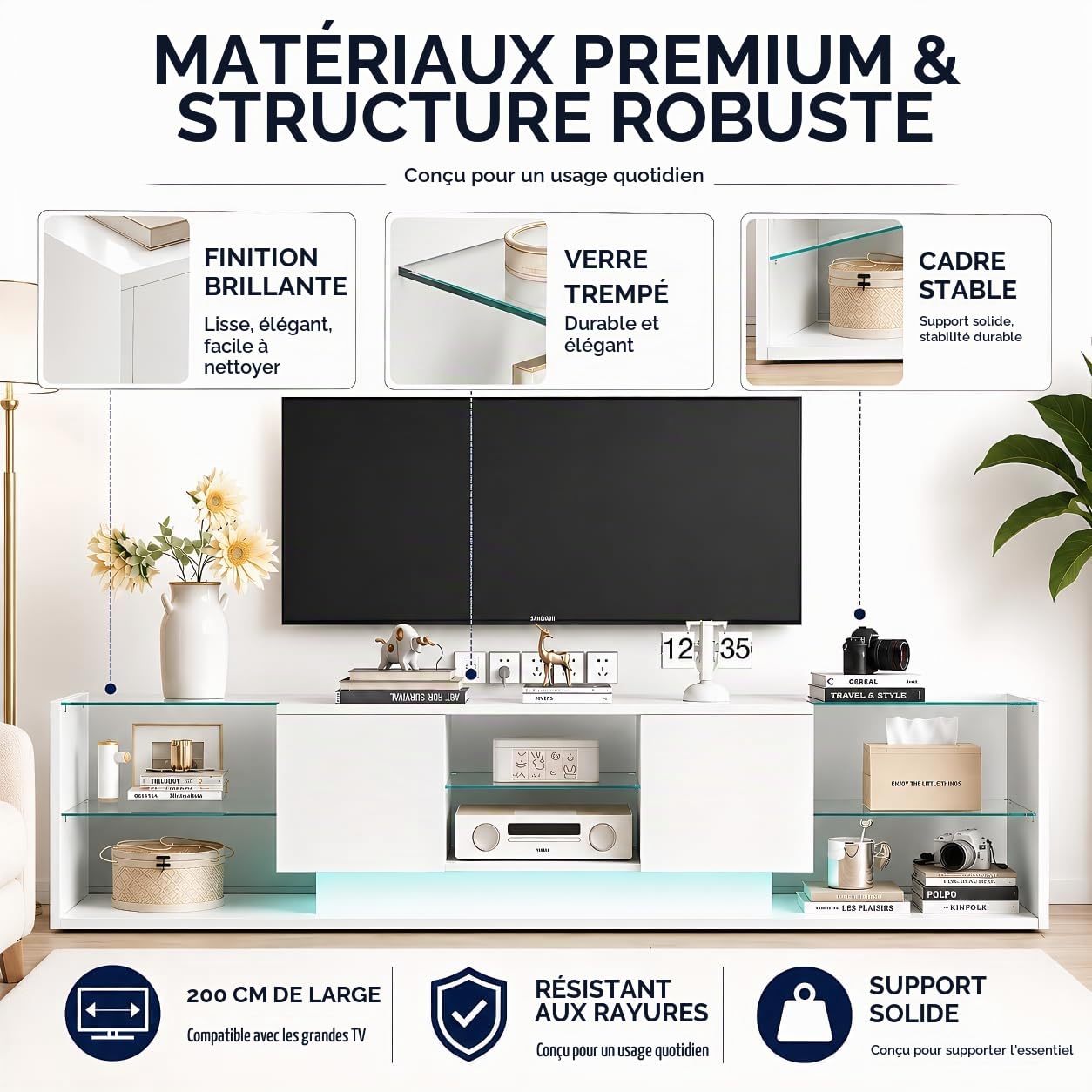 Meuble TV LED 200 cm, Meuble Télé Bas Moderne Brillant avec 2 Compartiments de Rangement et Étagère en Verre, Banc TV avec Rangement pour Salon, Design Contemporain, Blanc