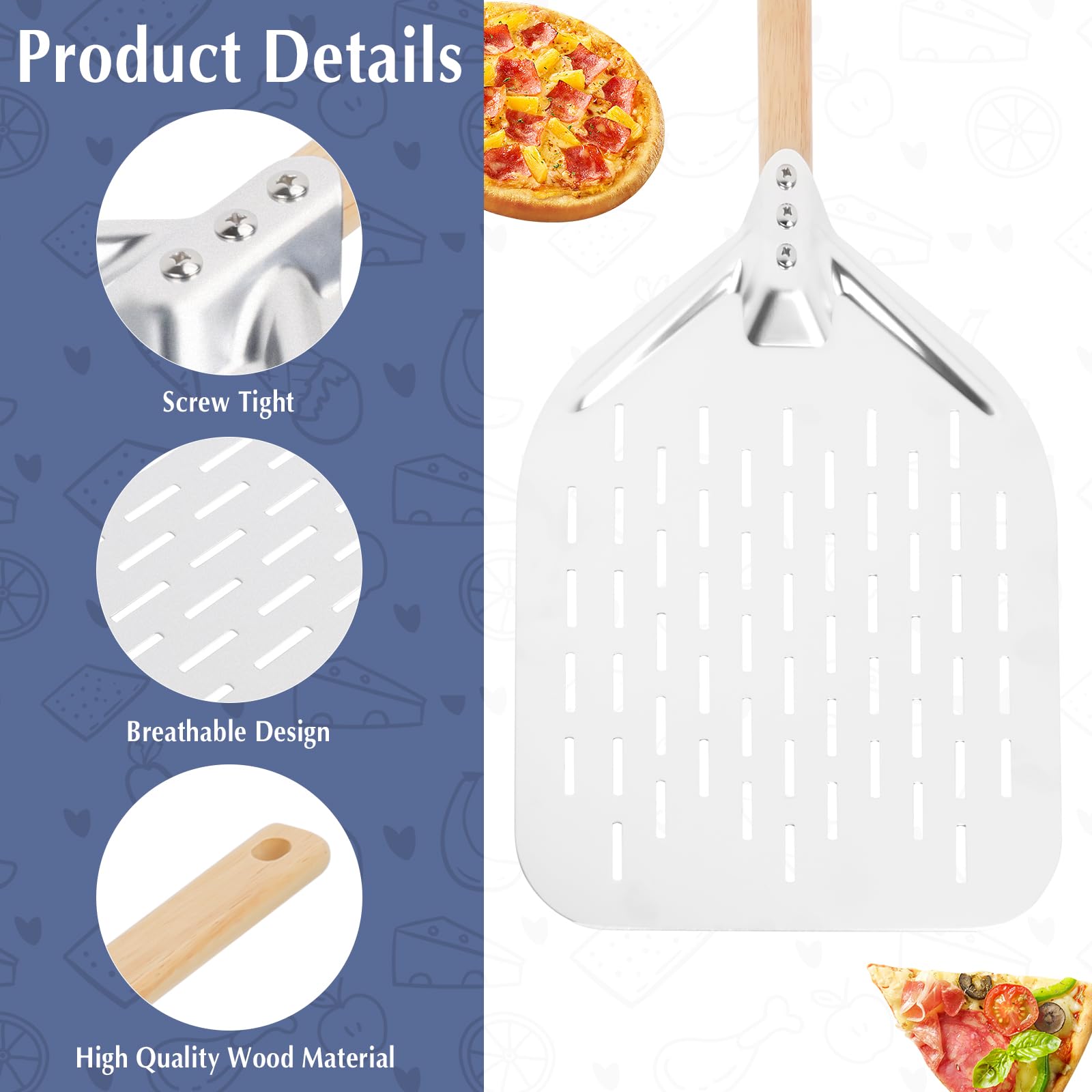 Pelle à Pizza en Aluminium 40 x 30 cm, Planche à Pizza avec Pinceau à Huile, Manche en Bois Amovible 38 cm, Pelle à Pizza en Métal Robuste pour Pâtisseries, Pâte, Pain, Gâteau