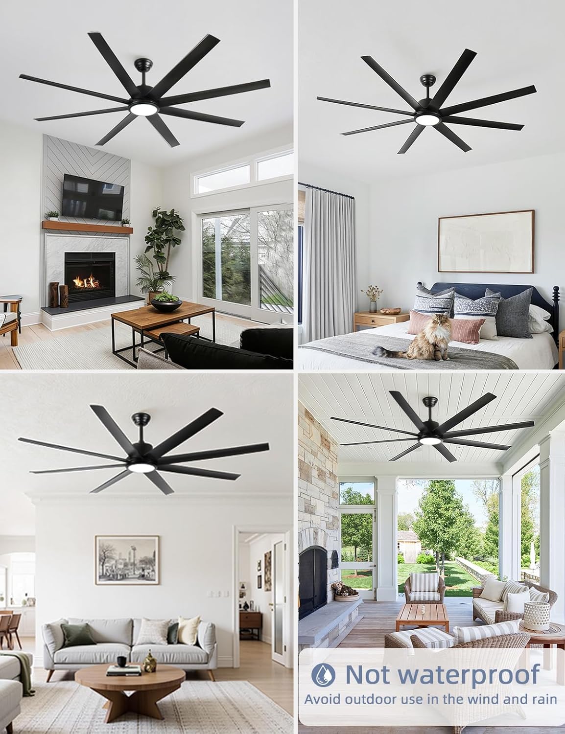 72 Inch Large Ceiling Fans with Lights and Remote Control, 6 Wind Speeds, LED Dimmable DC Reversible indoor/outdoor Ceiling Fans with 8 Blades for Living Rooms, Kitchen, Patio, Black