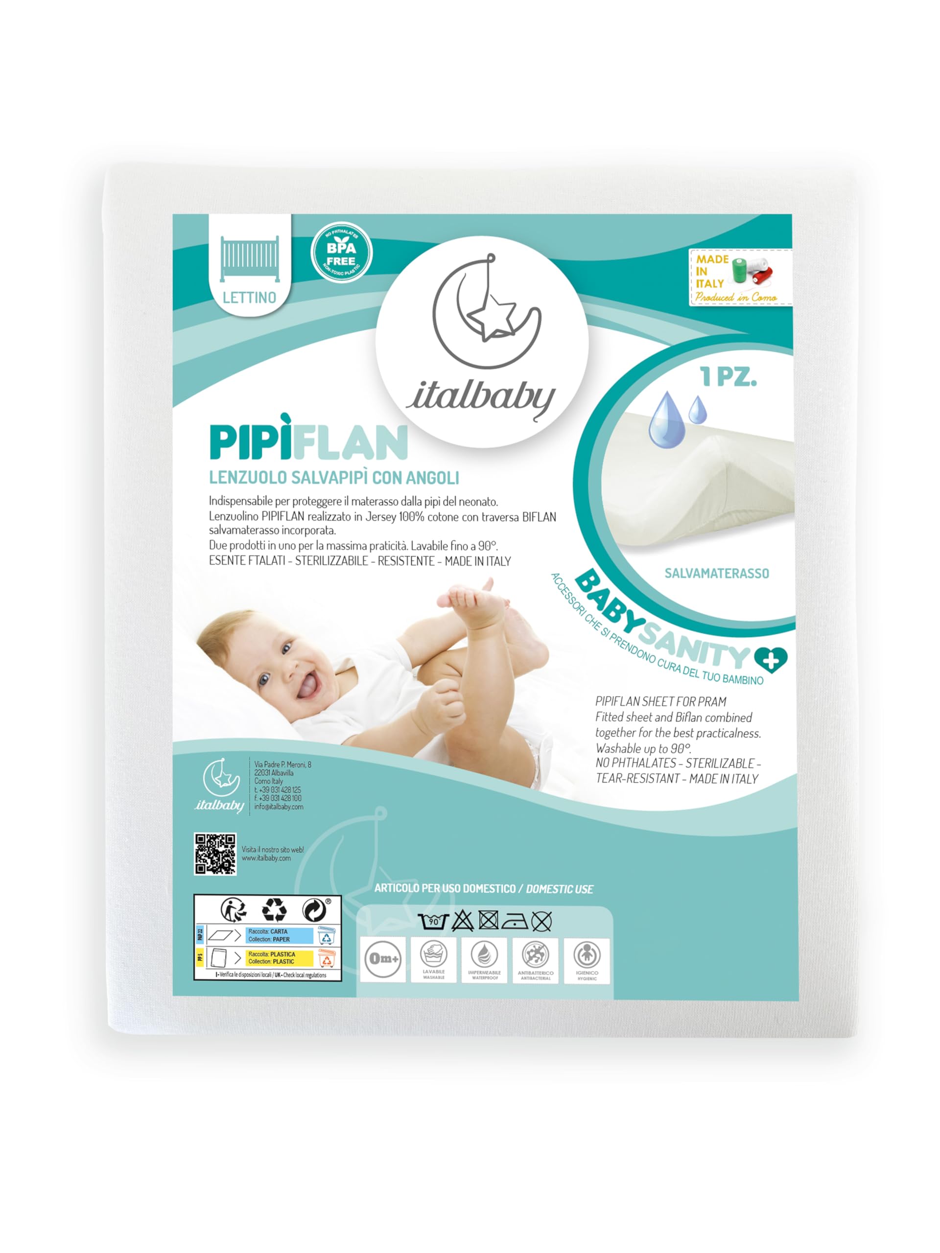 Lenzuolo salvamaterasso con cerata antipipì e anti liquidi misura cm 54x107 in jersey di cotone. Made in italy