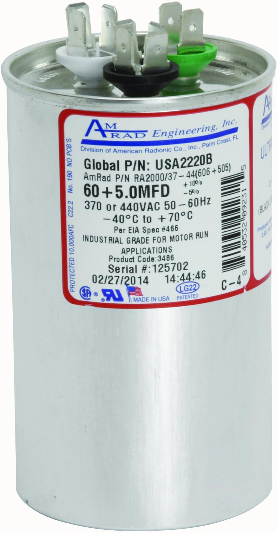 AMRAD ENGINEERING USA2220B Round USA-Made Motor Run Capacitor, 60/5 Mfd, 370/440 Vac-132344