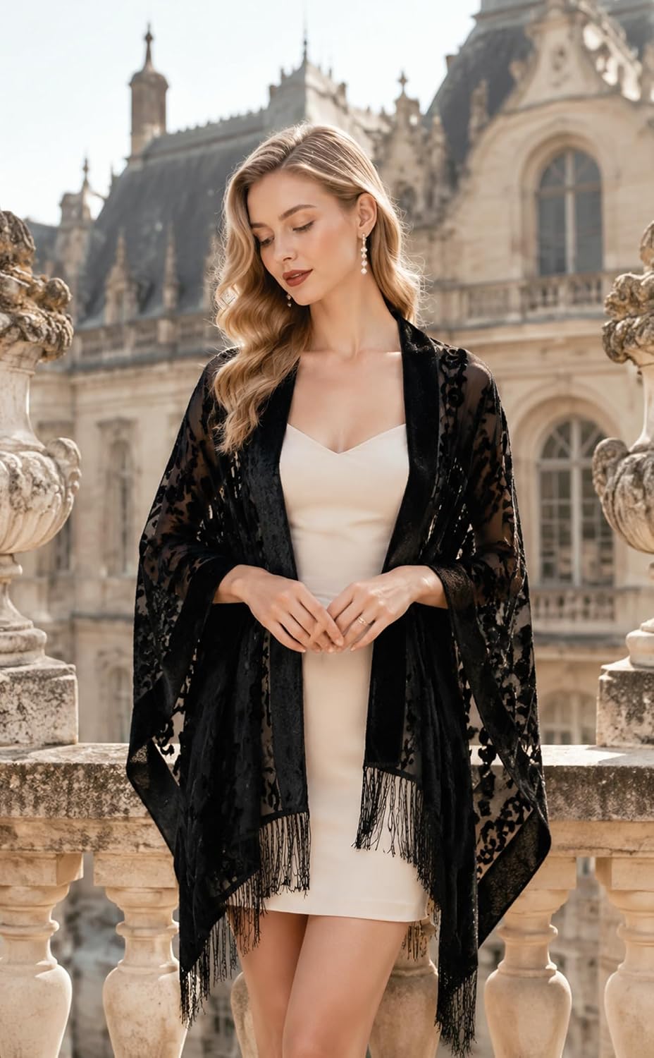 zero season Women's Lace Floral Shawls and Wraps Evening Dresses Lightweight Sheer Velvet Tassel Pashmina Scarf