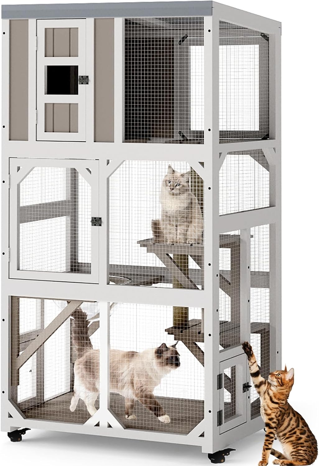 PetsCosset 63.5" H Catio Outdoor Cat Enclosure Window Catio Cat Outdoor Patio on Wheels, Wooden Cats House Link to Door or Tunnel with Waterproof Roof (32.2" L x 21.7" W x 63.5" H)