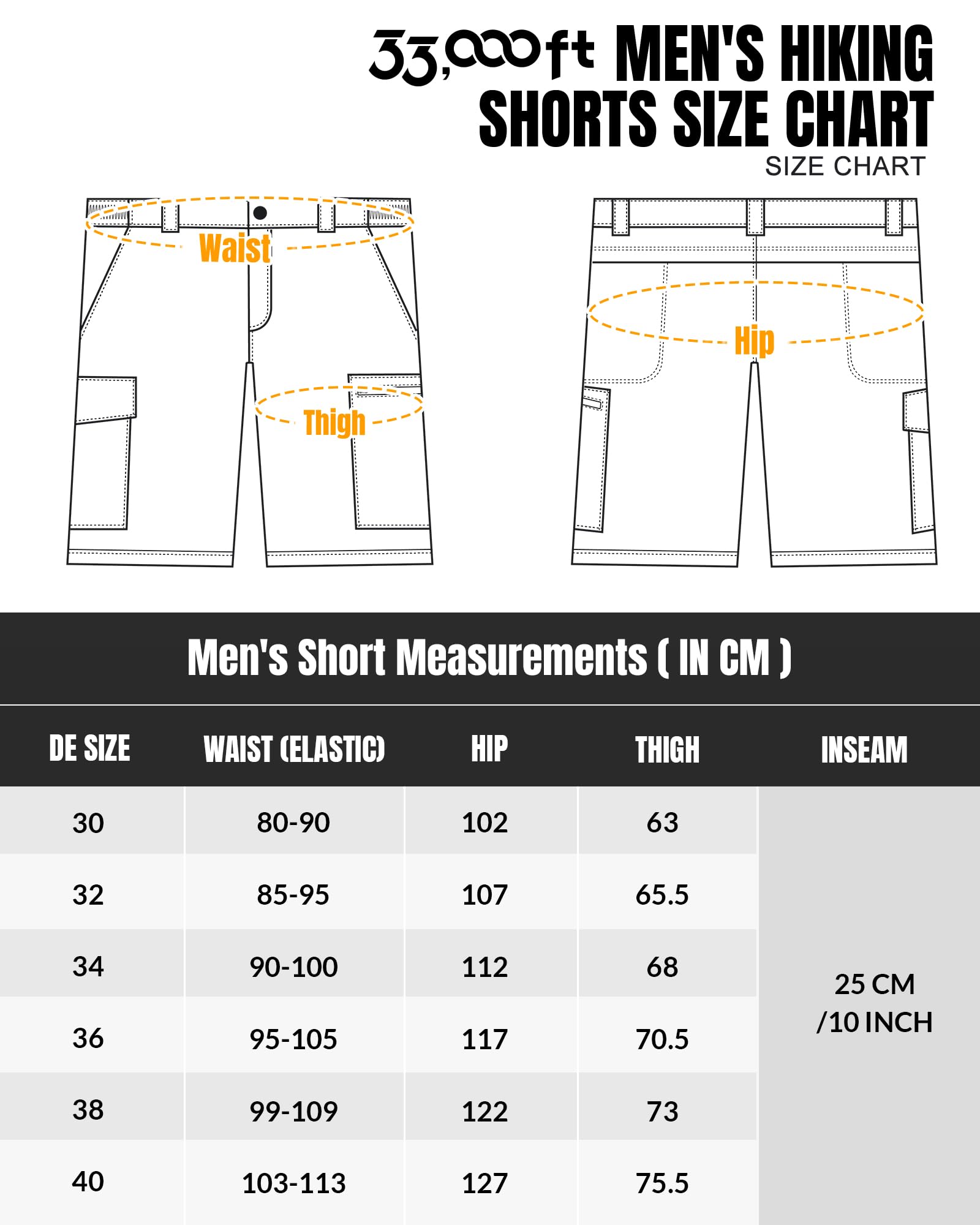 33,000ft Short d'extérieur pour homme avec 6 poches, short de randonnée, extensible, bermuda, short de golf, capri respirant pour la randonnée, le cyclisme