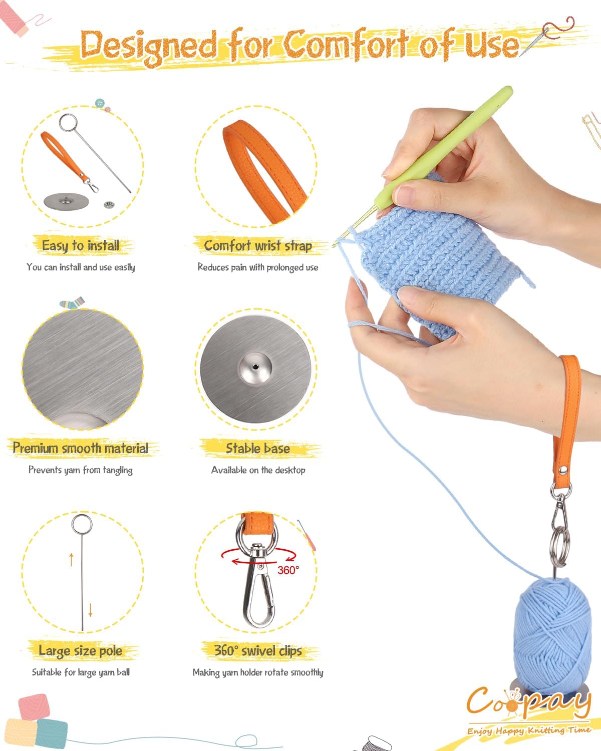 Coopay Wrist Yarn Holder with Wrist Strap, Portable Yarn Ball Holder Yarn Spinner for Crocheting and Knitting, Yarn Storage Holder for On-The-Go Knitting Prevents Yarn Tangles