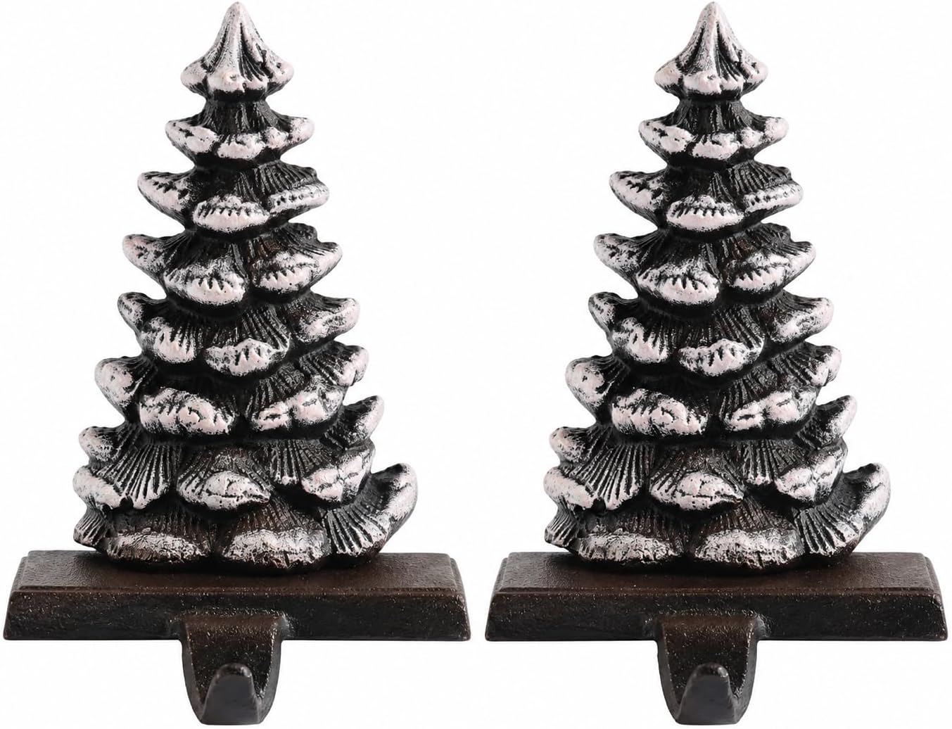 2 Pack Christmas Metal Snow Tree Stocking Holders Rustic Pinecone Hooks | Fireplace Mantel Holiday Hanger Tabletop Decor Set