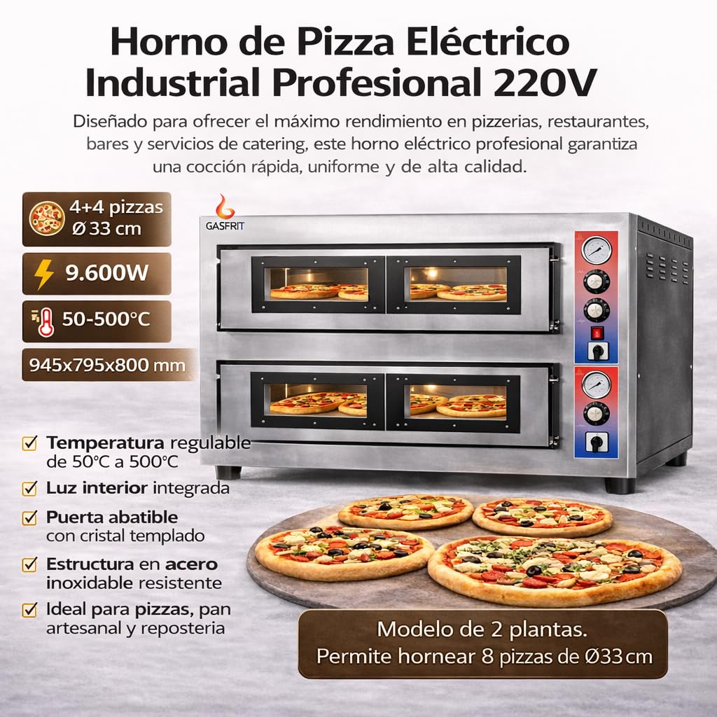 Horno de Pizza Eléctrico Industrial Profesional 220V – 4 o 6 Pizzas Ø33 cm – 1 o 2 Plantas – Piedra Refractaria – 50-500°C – 4.800W / 8.400W / 9.600W – Uso Profesional