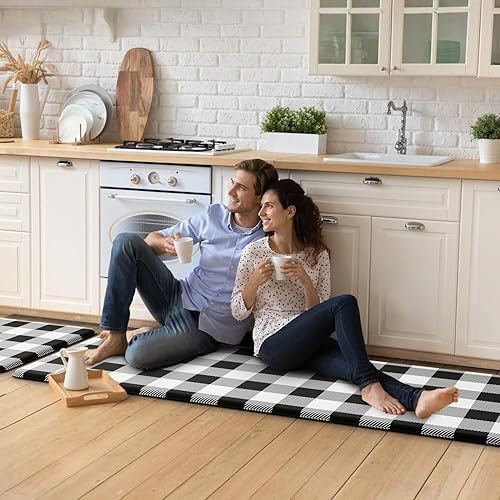 Miniatura 8 de MAYHMYO Tapetes de cocina de 1/2 pulgada, color blanco y negro, tapetes de cocina de granja, antifatiga, acolchados para piso, antideslizantes