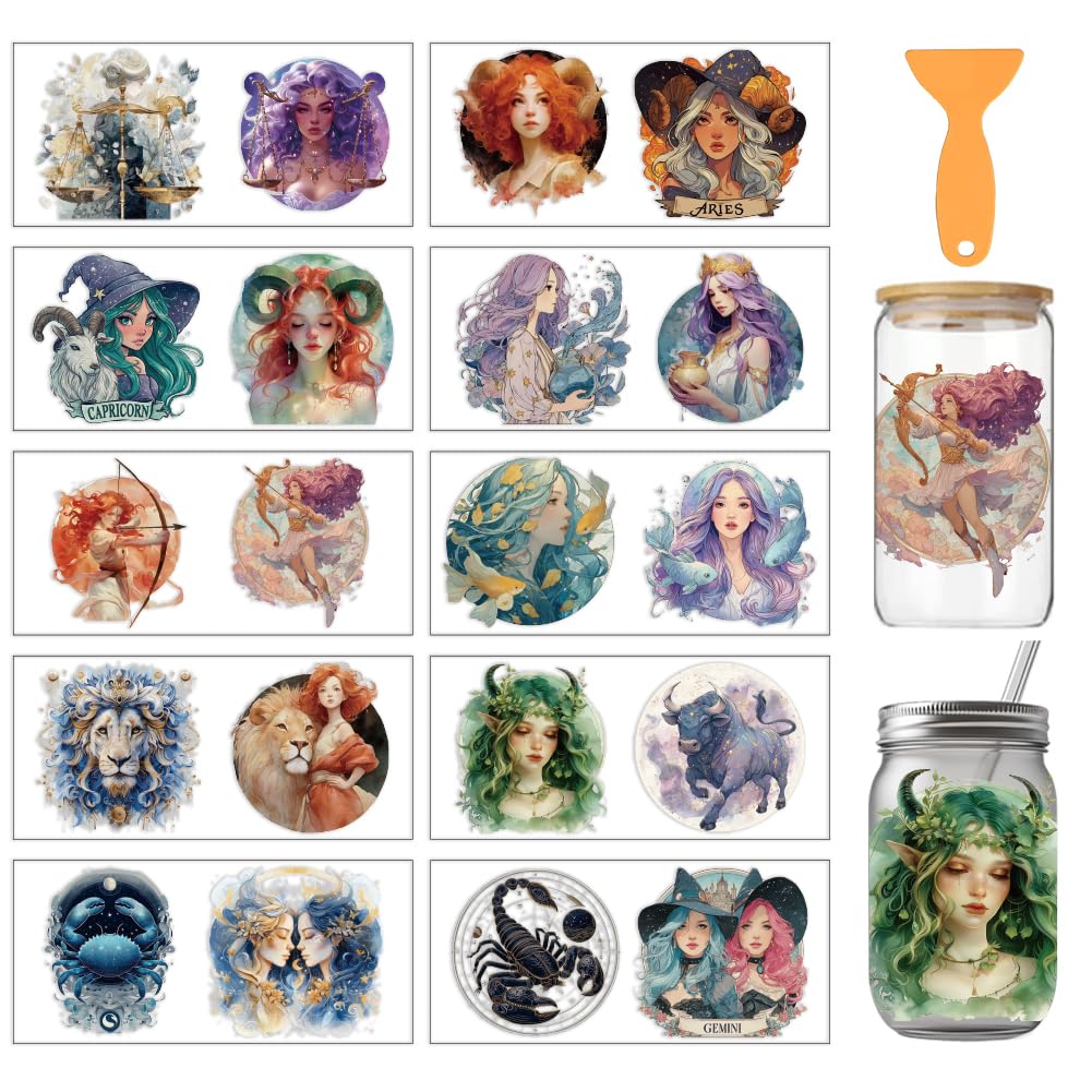arricraft 10 Pcs Twelve Constellations PVC Cup Transfer Stickers, Constellation Elements Pattern UV Waterproof Cup Sticker for 16 oz Glasses Window Home Printing Decoration 24x11cm โ image 1