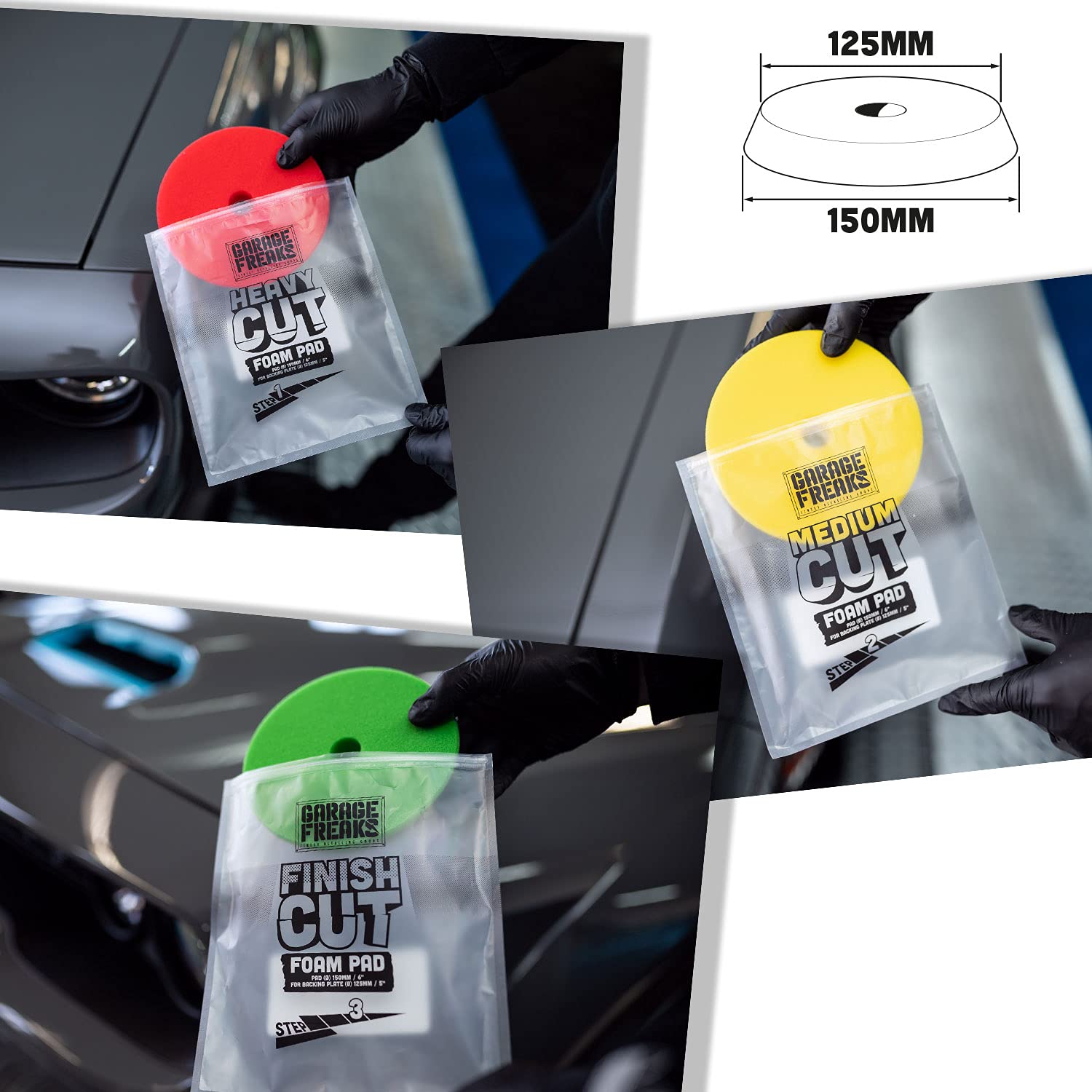 Juego de pulidoras profesionales para coche, PLSH H15, pulidora excéntrica, placa de apoyo de 125 mm, Garage Freaks Heavy Cut, corte medio, abrillantadores de corte final, 250 ml, 3 almohadillas a