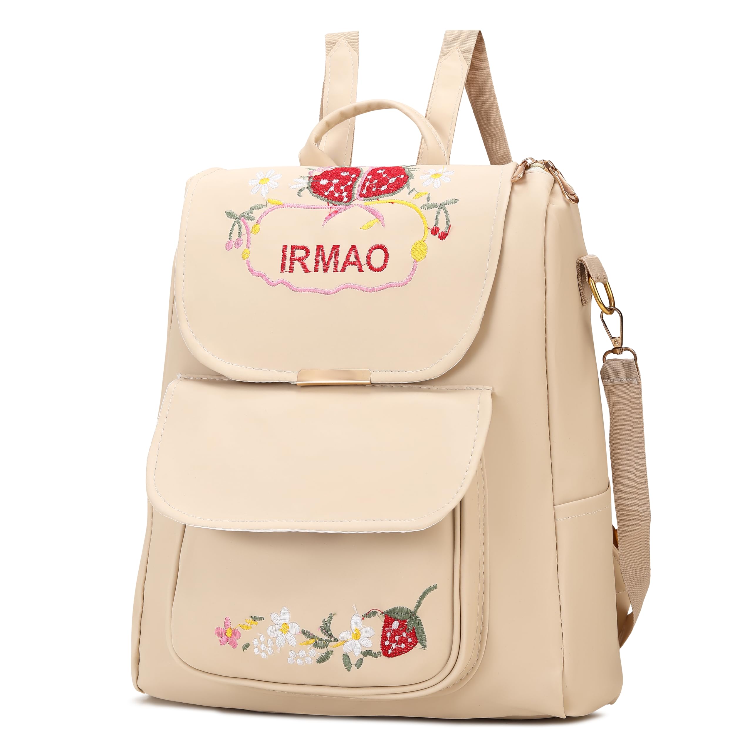 irmao Women's Embroidered PU Leather Backpack | Stylish College Bag for Women & Girls | Multi-Purpose Office, Travel & Casual Backpack with Shoulder Straps (Strawberry)-picture-13