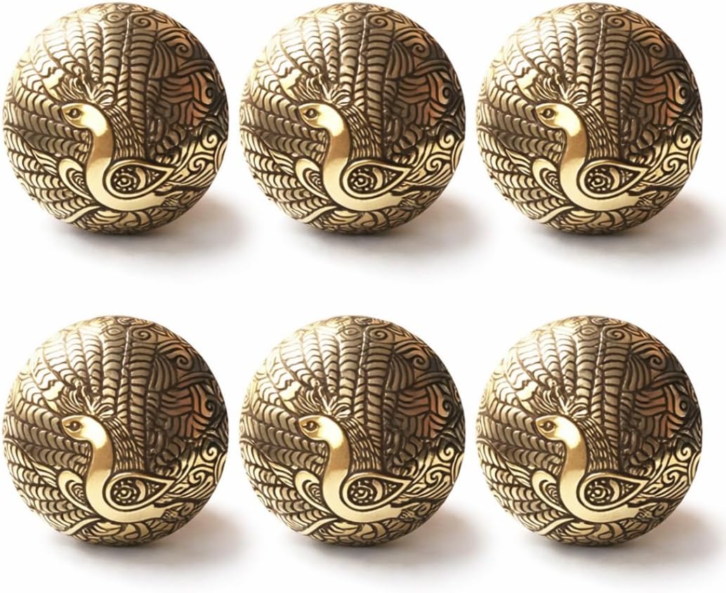 Set of 6 Brass Knobs Kitchen Cabinet Pull knobs | Modern Drawer Knobs - Brass Peacock Patterned Knobs | Simple Hardware for Kitchen, Bathroom Cabinets & Dressers | Vintage Shabby Chic 36 mm