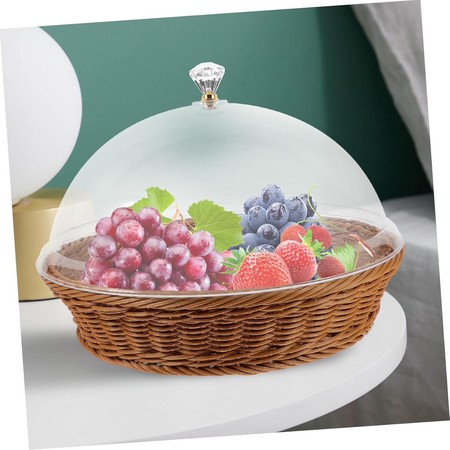 BESPORTBLE Round Imitation Rattan Woven Storage Basket with Lid for Fruits Snacks Bread Food Preservation Tray for Home Bakery Office Portable and Easy to Clean Tea Color