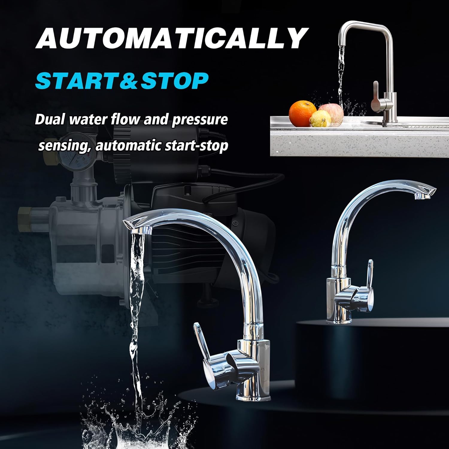 3/4 HP Shallow Well Pump with Pressure Tank, 1050 GPH Stainless Steel Self-Priming Water Pressure Booster Jet Pump, Auto ON/OFF Dual Sensor Flow & Pressure Switch for Whole House, Garden, Lawn