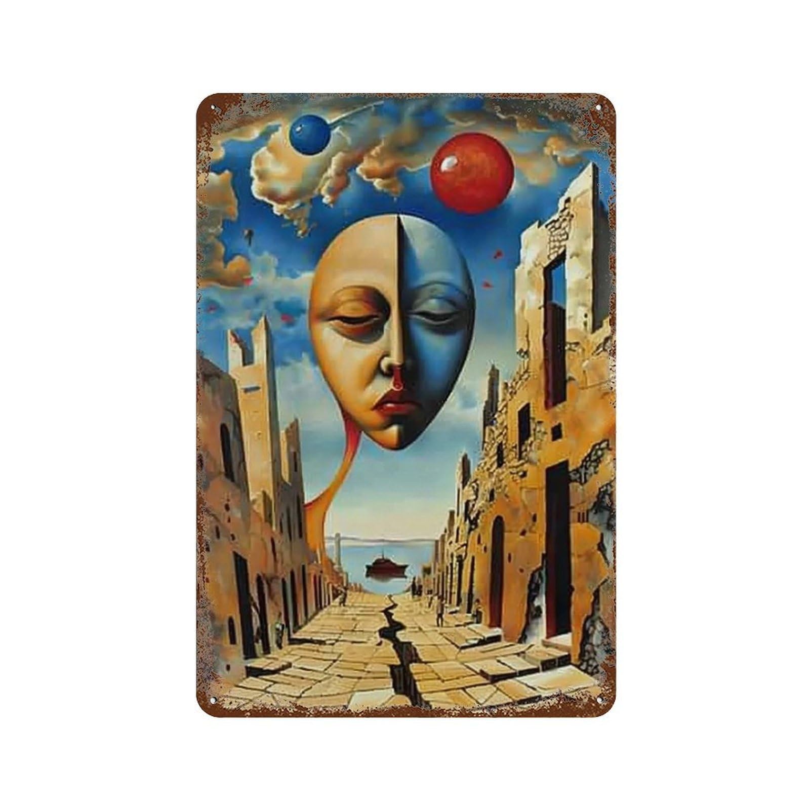 MGHTGRWE Cubist Segmented Surreal Urban Visage 01 Poster Wall Art Iron Vintage Metal Tin Sign Modern Home Cofffee Club Art Bar Shop Decor 30x20cm