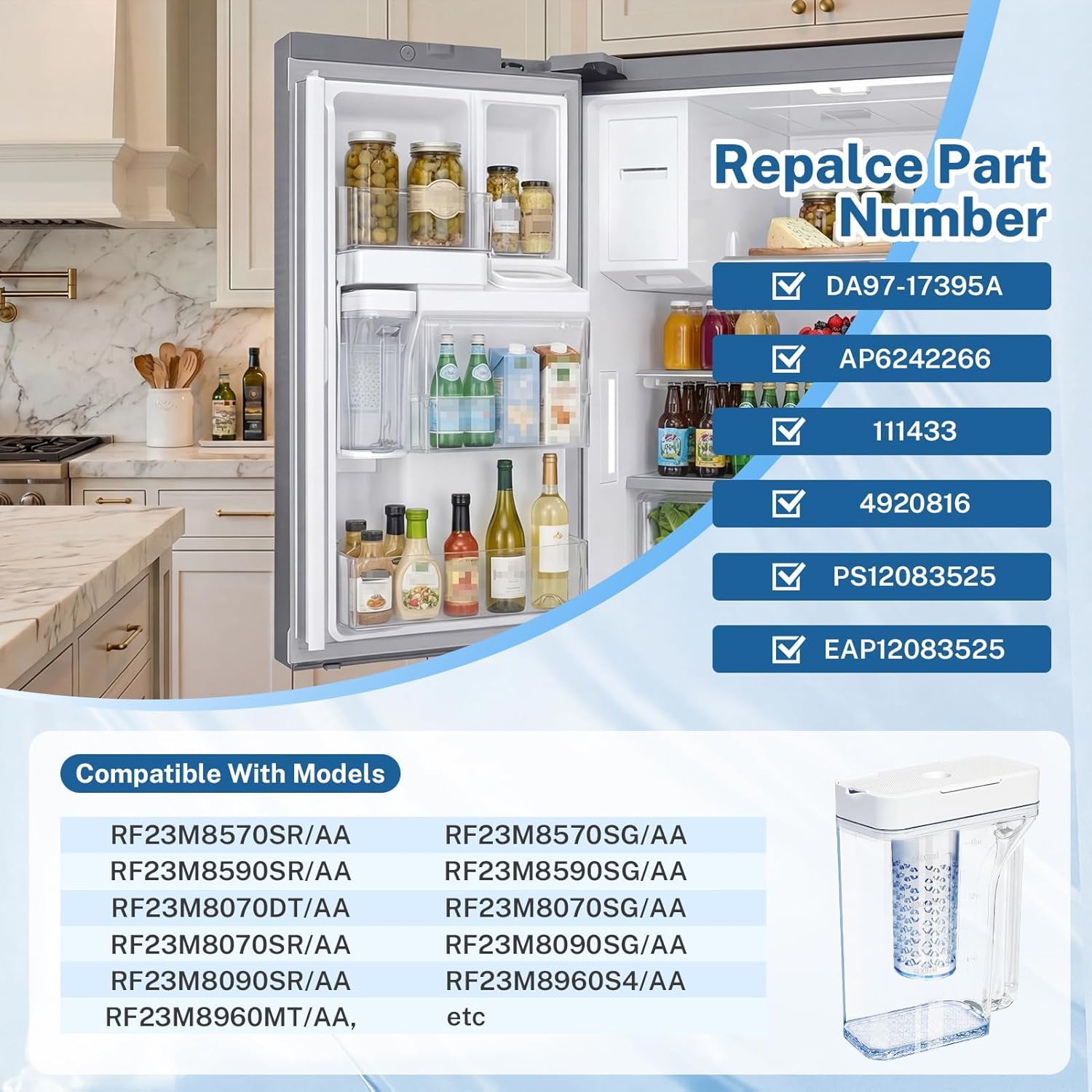 Upgraded DA97-17395A Water Pitcher Reservoir Replacement Samsung Refrigerator Door Water Pitcher, for RF23M8570SR RF23M8090SR RF23M8070SR, Leak-Resistant Autofill Jug Container with 2 Sealing Rings