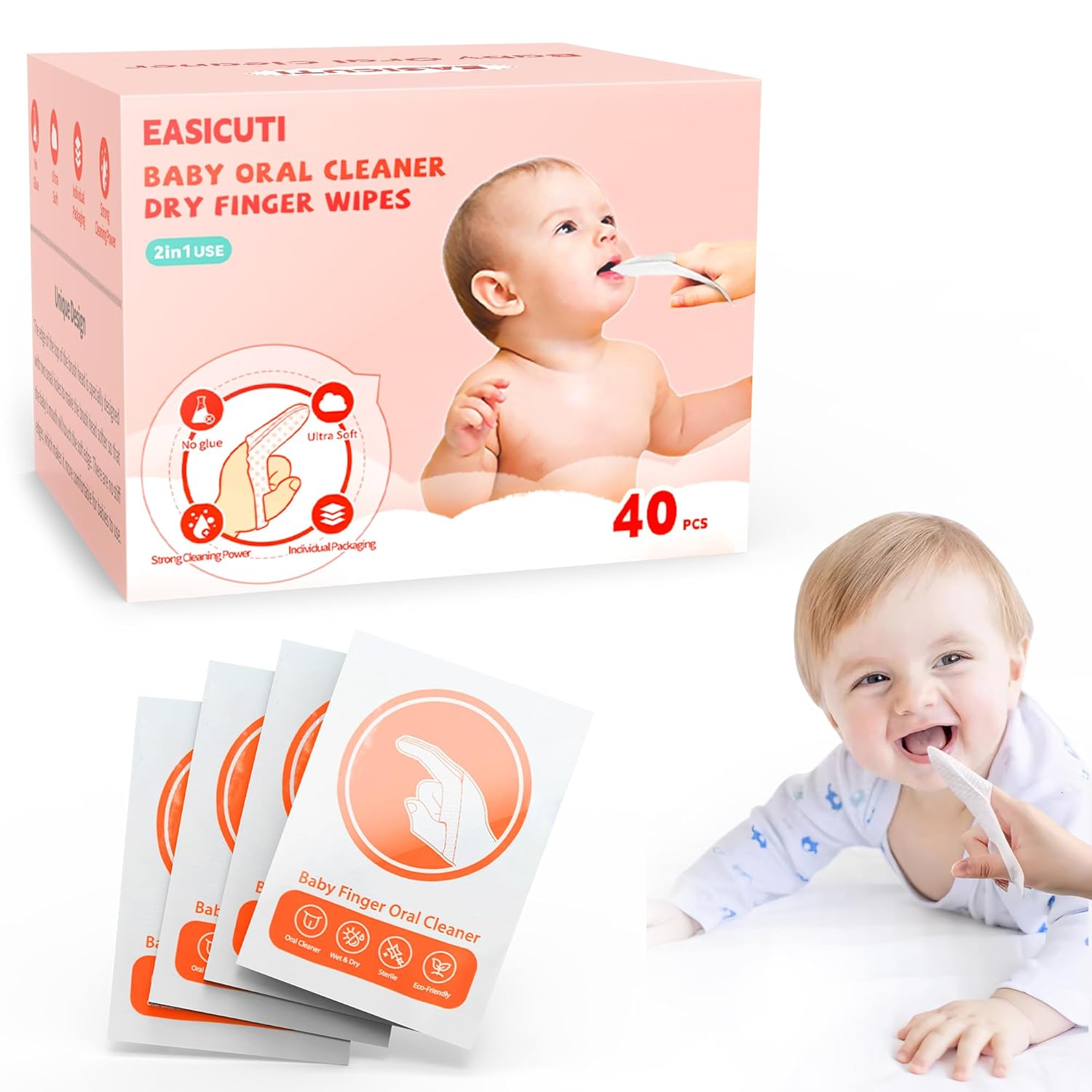 EASICUTI 40Pcs Baby Finger Toothbrush Dry Wipes Baby Toothbrush Baby Tongue Cleaner Newborn Tooth and Gum Wipes BAB