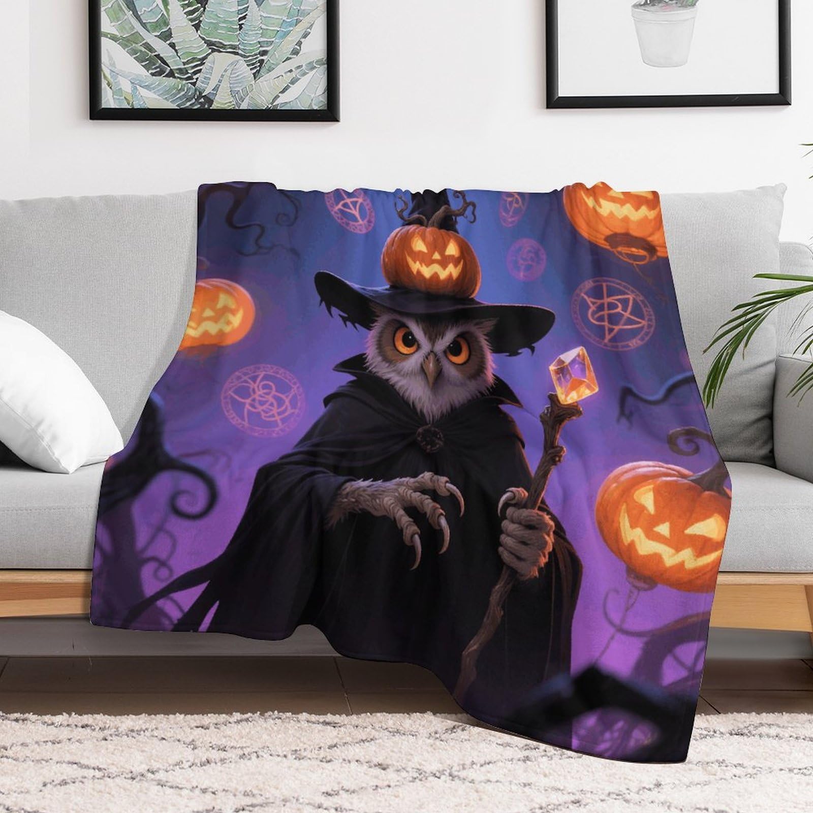 Custom Halloween Owl Pumpkin Blanket Lightweight Flannel Fleece Throw for Couch Sofa Bed Luxury Soft Cozy Plush Lap Bedtime Blanket for All Seasons Bedroom Home Decor Gifts 40x50