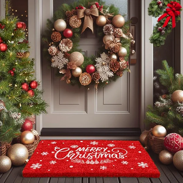 LuxUrux Premium Christmas Door Mat Outdoor - Elegant Coir Holiday Door Mat, Absorbent and Non-Slip for Outdoor Entrances Front Door (17'' x 30'' Merry Christmas.)