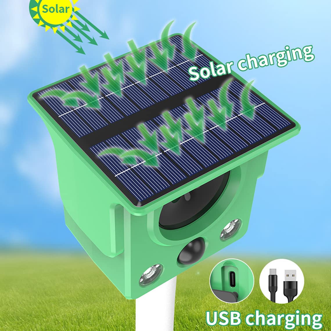 MOREIH Solarny odstraszacz myszy, ultradźwiękowy odstraszacz szkodników, odstraszacz węża, odstraszacz do ogrodu na zewnątrz, wodoodporny, pozbądź się kretów, suseł, nornika, kota, psa, wiewiórki, szopa, skunksa, królika