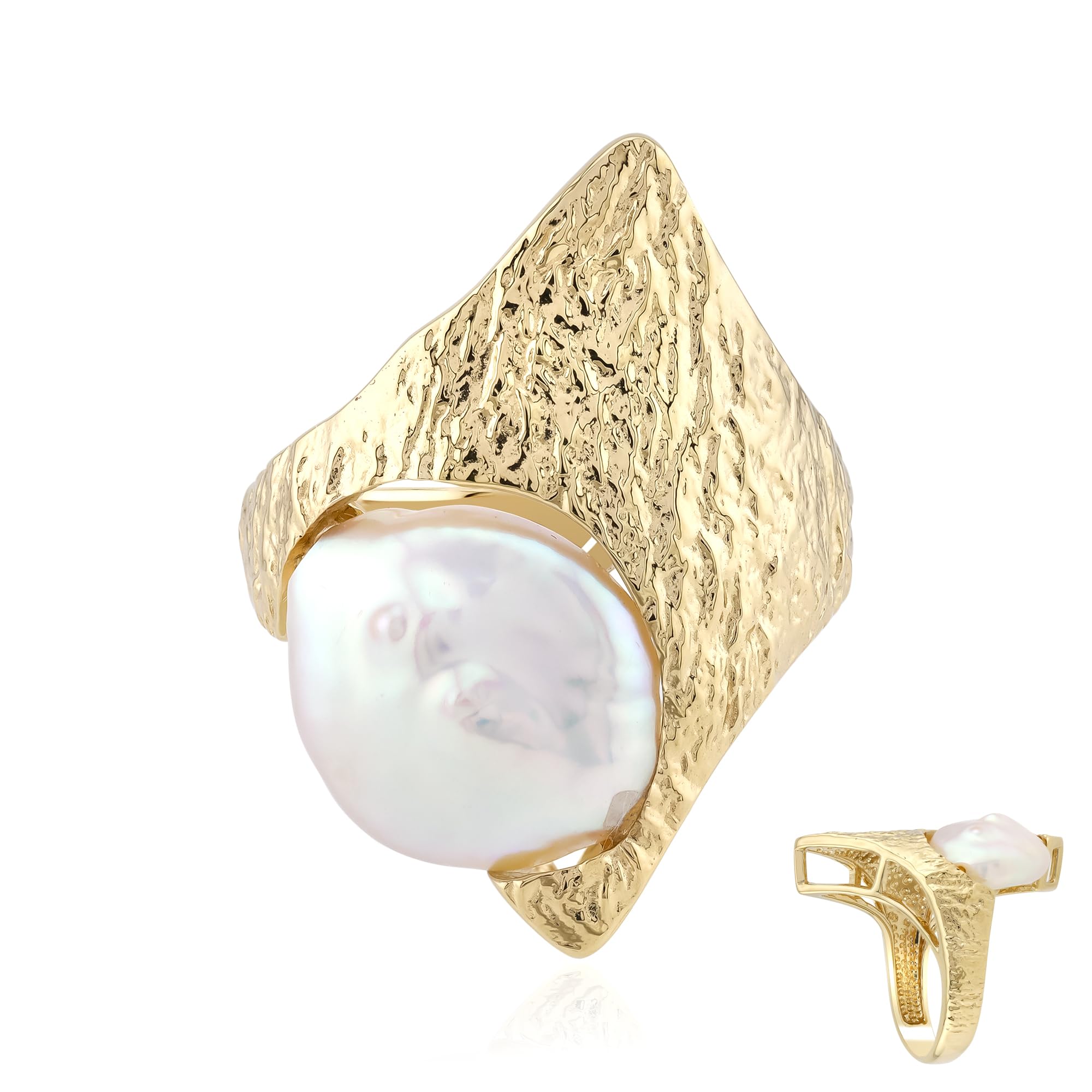 Cavill Weißer Süßwasserzuchtperlen-Ring 925 Sterling Silber vergoldet, moderner Damen Ring mit großer runder fancy Perle, verstellbar Größe 16-21, stilvolles Schmuckstück