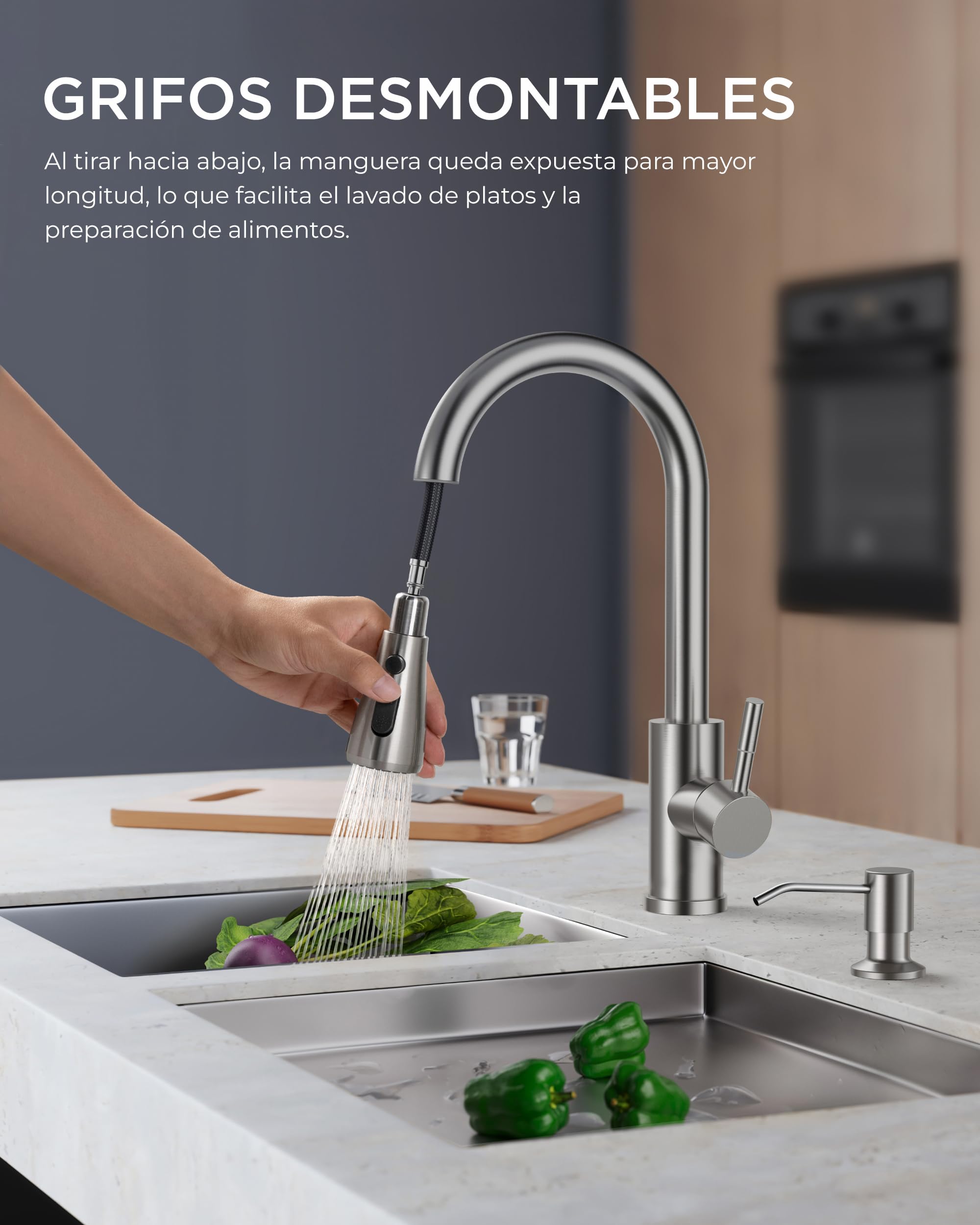 FORIOUS Grifo cocina con dispensador de jabón, Grifo Cocina Extraíble con 2 modos de rociado, mezclador monomando para agua caliente y fría, Acero Inoxidable